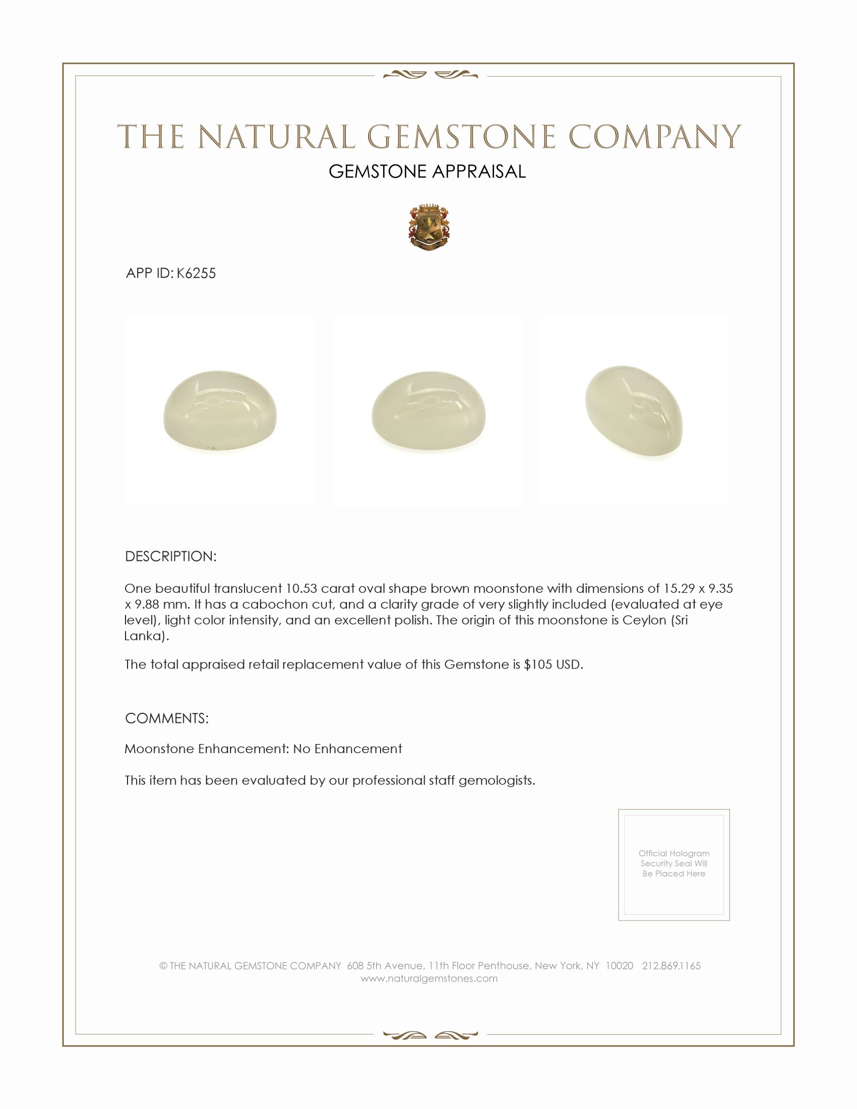 10.53 Ct. Grey Cabochon Moonstone from Ceylon (Sri Lanka)