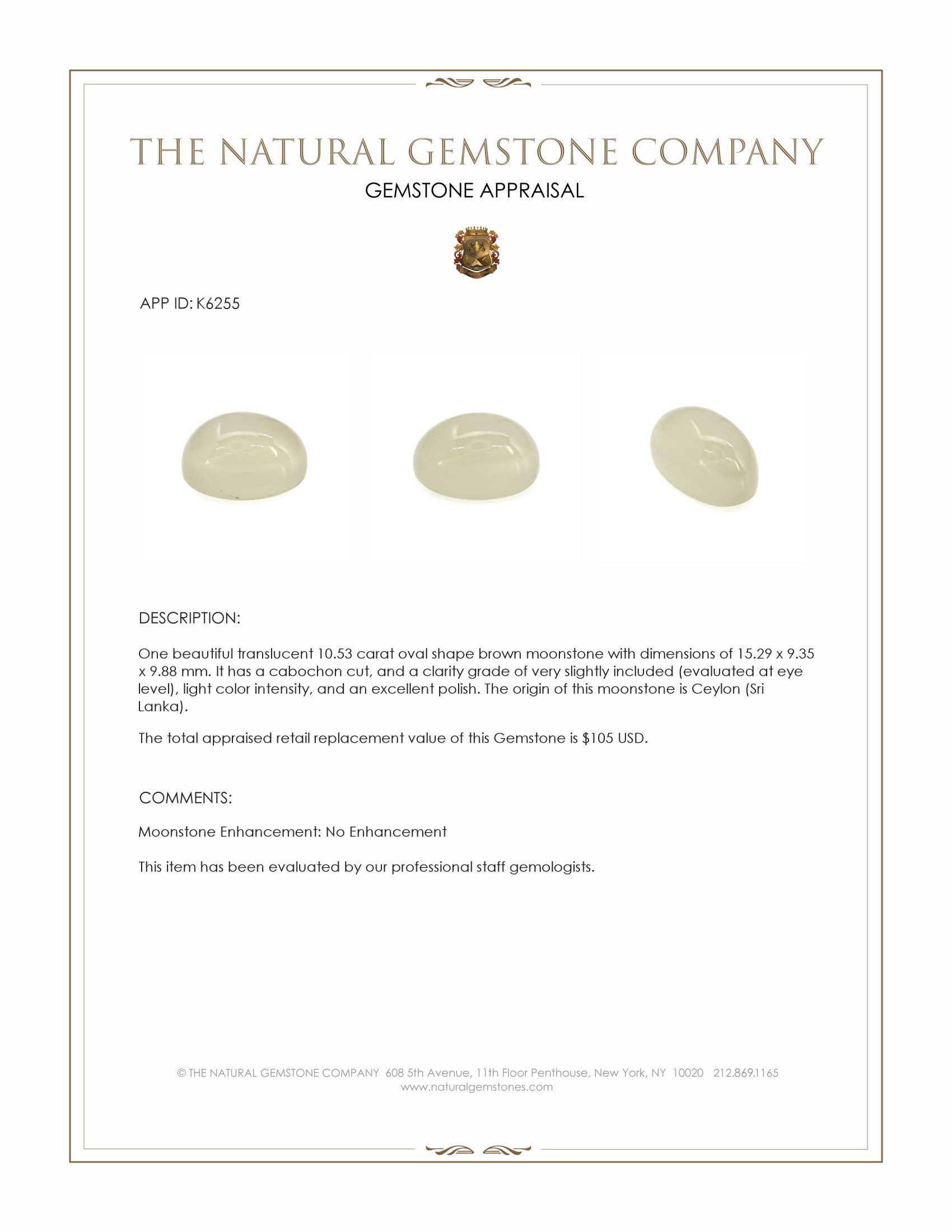 10.53 Ct. Cabochon Moonstone from Ceylon (Sri Lanka)