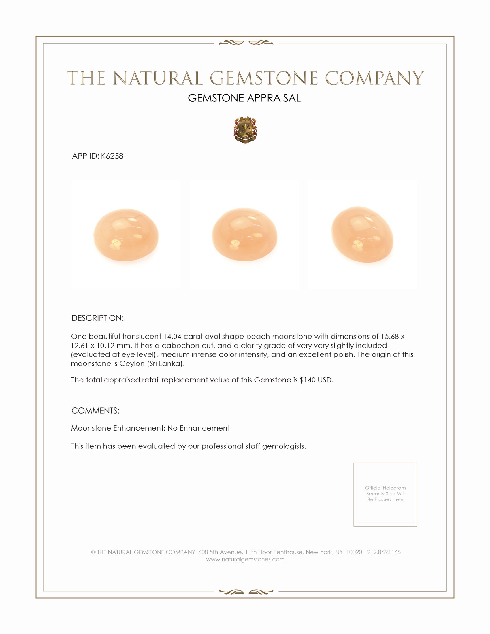 14.04 Ct. Peach Cabochon Moonstone from Ceylon (Sri Lanka)