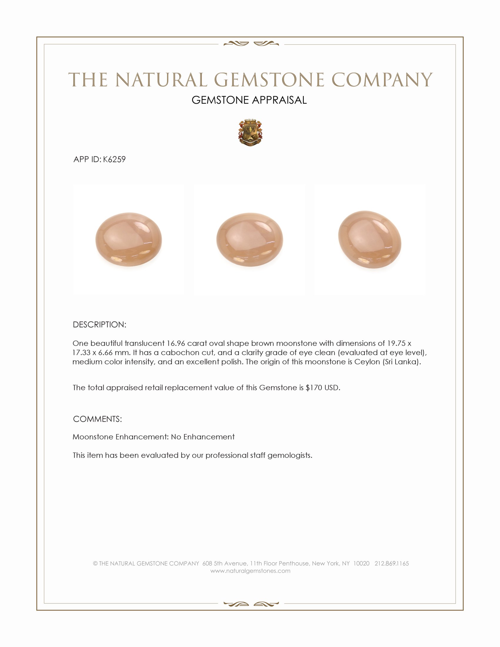 16.96 Ct. Brown Cabochon Moonstone from Ceylon (Sri Lanka)