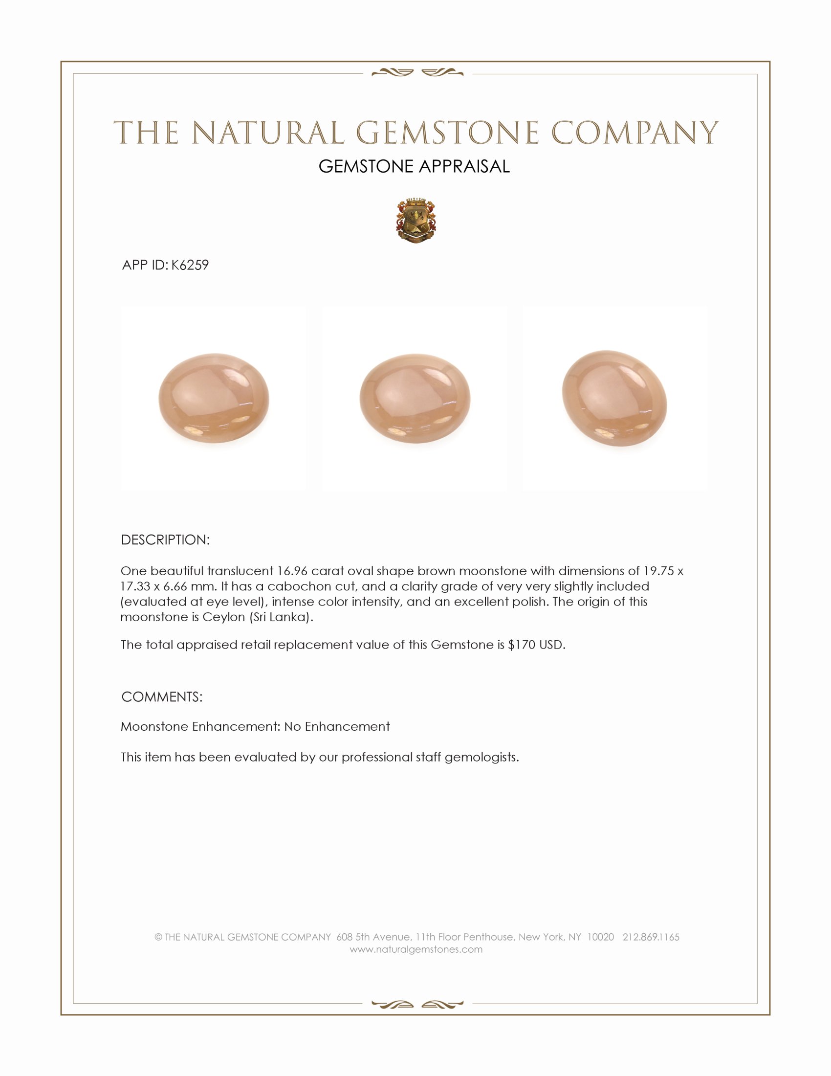 16.96 Ct. Cabochon Moonstone from Ceylon (Sri Lanka)