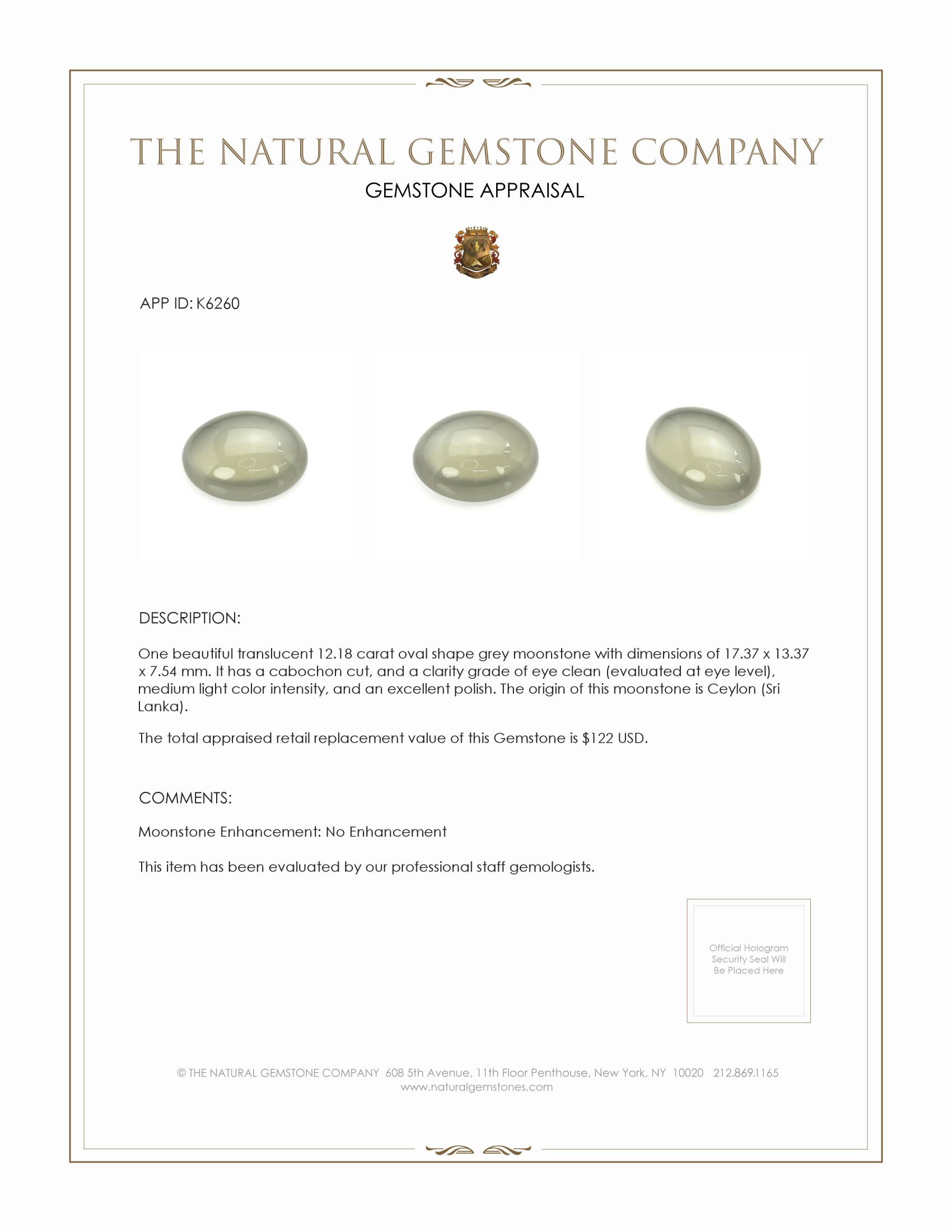 12.18 Ct. Cabochon Moonstone from Ceylon (Sri Lanka)