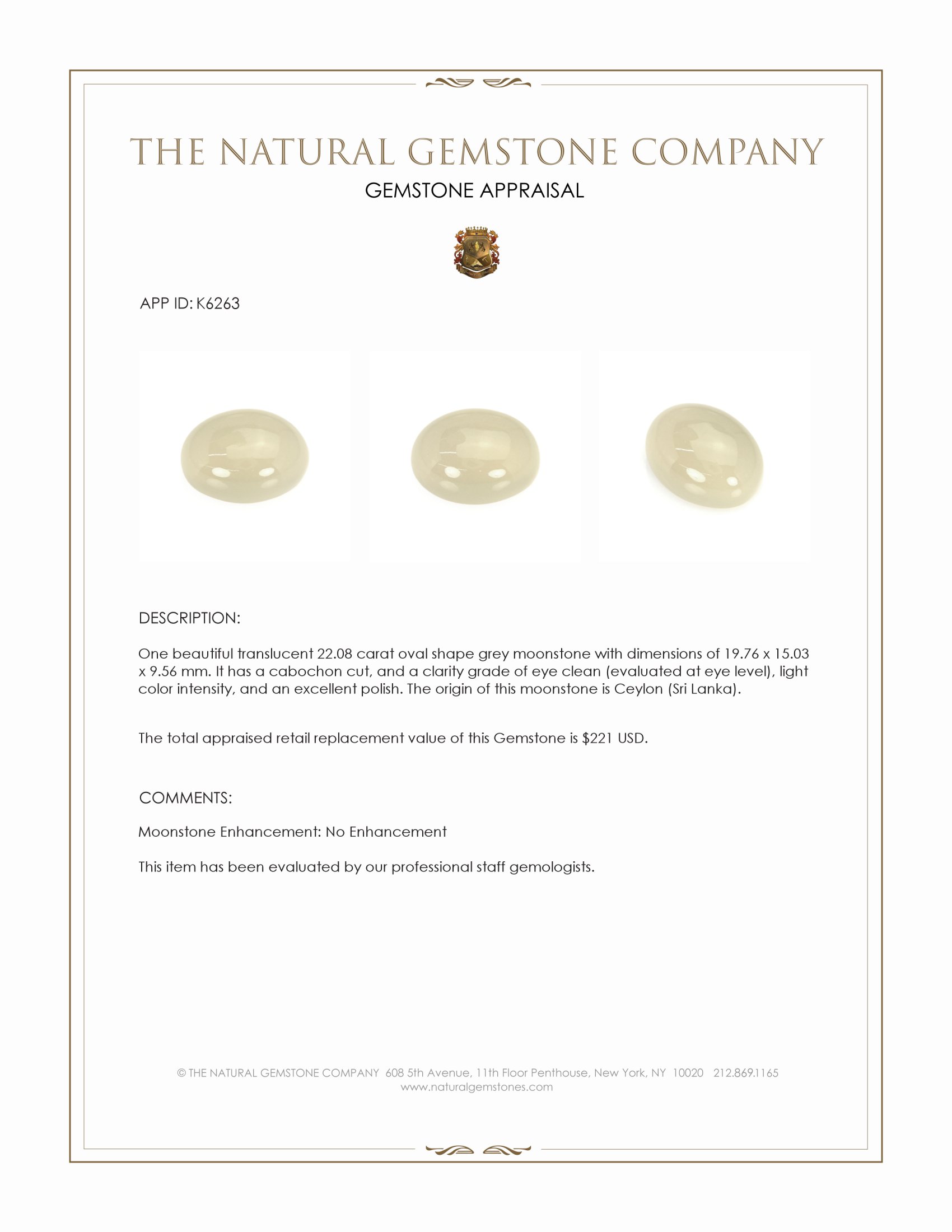 22.08 Ct. Grey Cabochon Moonstone from Ceylon (Sri Lanka)