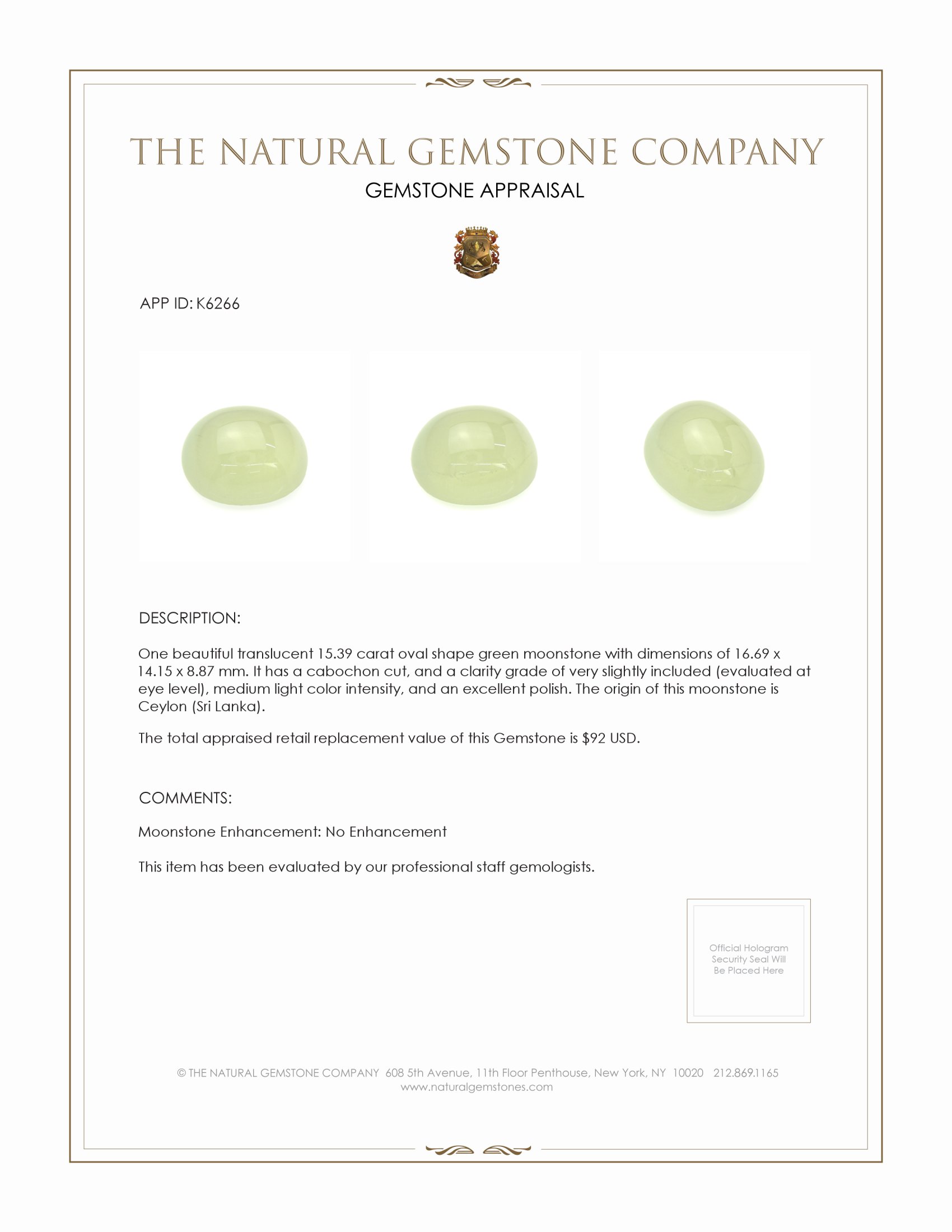 15.39 Ct. Cabochon Moonstone from Ceylon (Sri Lanka)