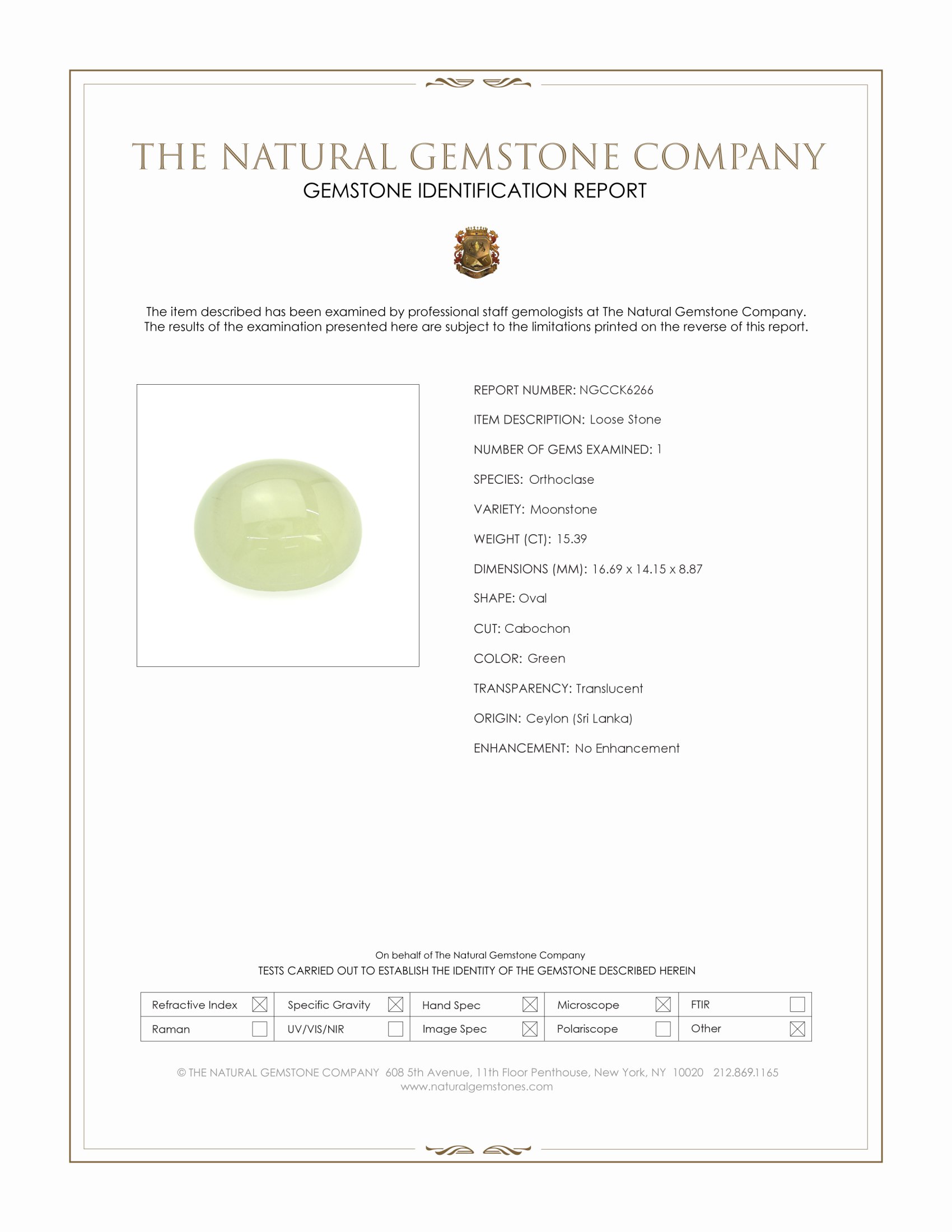 15.39 Ct. Green Cabochon Moonstone from Ceylon (Sri Lanka)