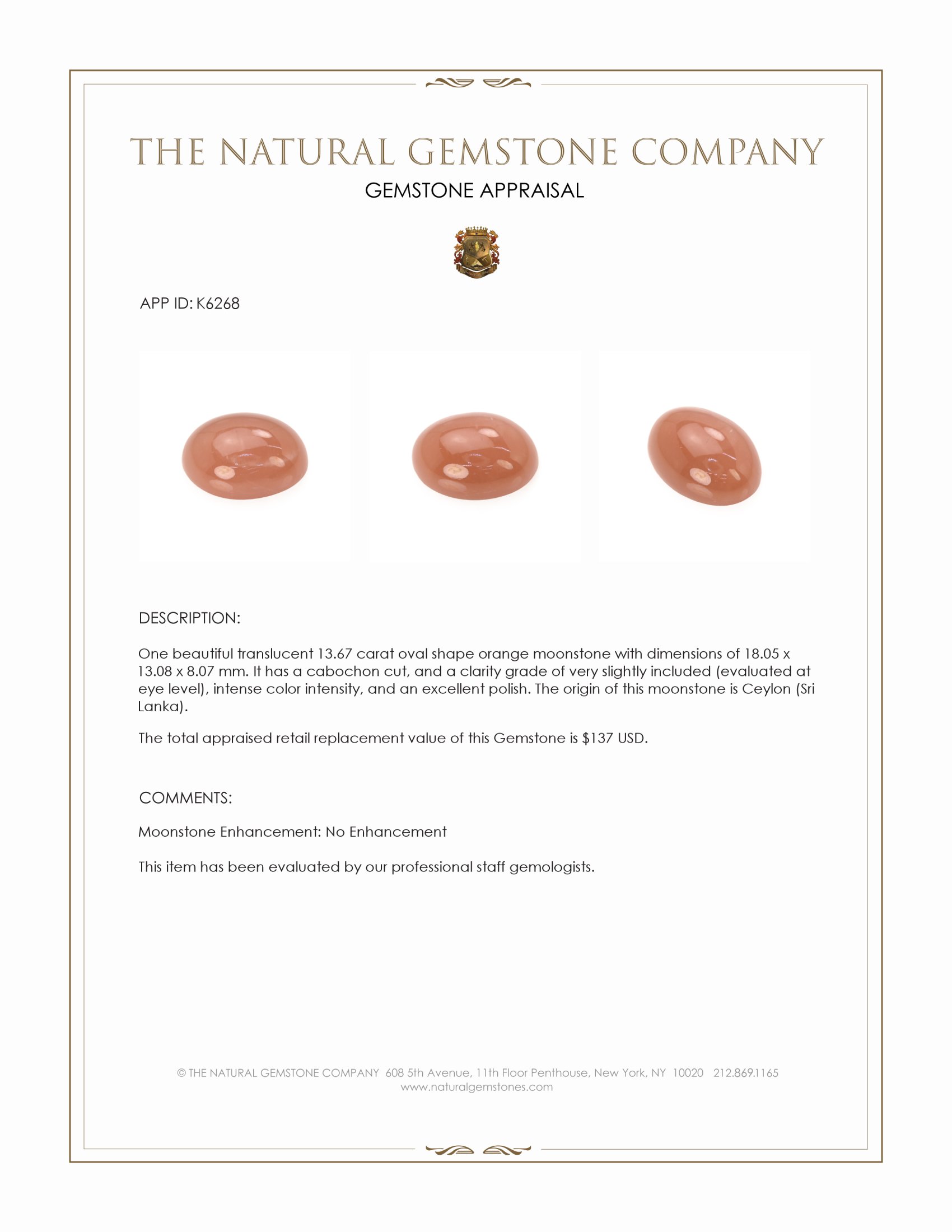 13.67 Ct. Cabochon Moonstone from Ceylon (Sri Lanka)