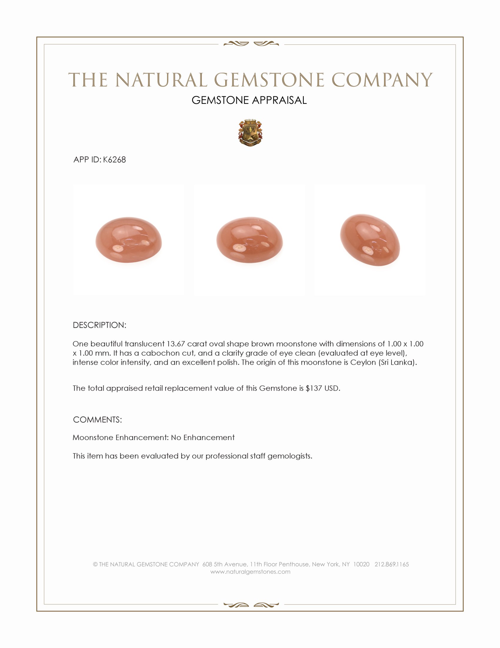 13.67 Ct. Cabochon Moonstone from Ceylon (Sri Lanka)