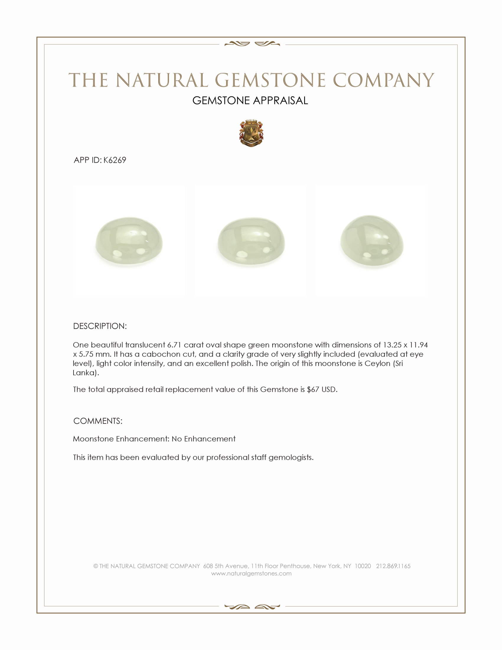 6.71 Ct. Cabochon Moonstone from Ceylon (Sri Lanka)