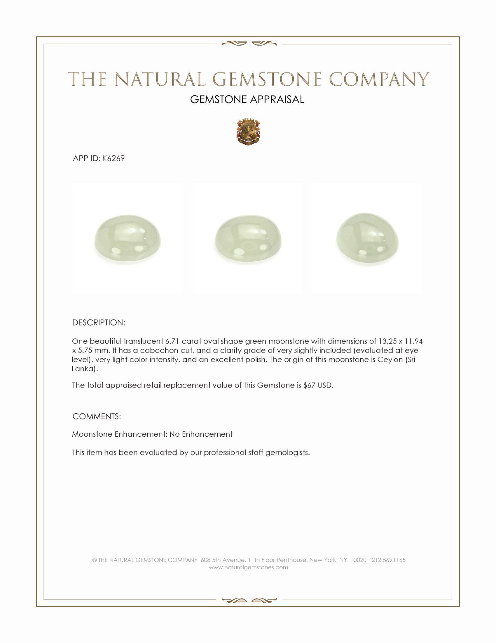 6.71 Ct. Cabochon Moonstone from Ceylon (Sri Lanka)