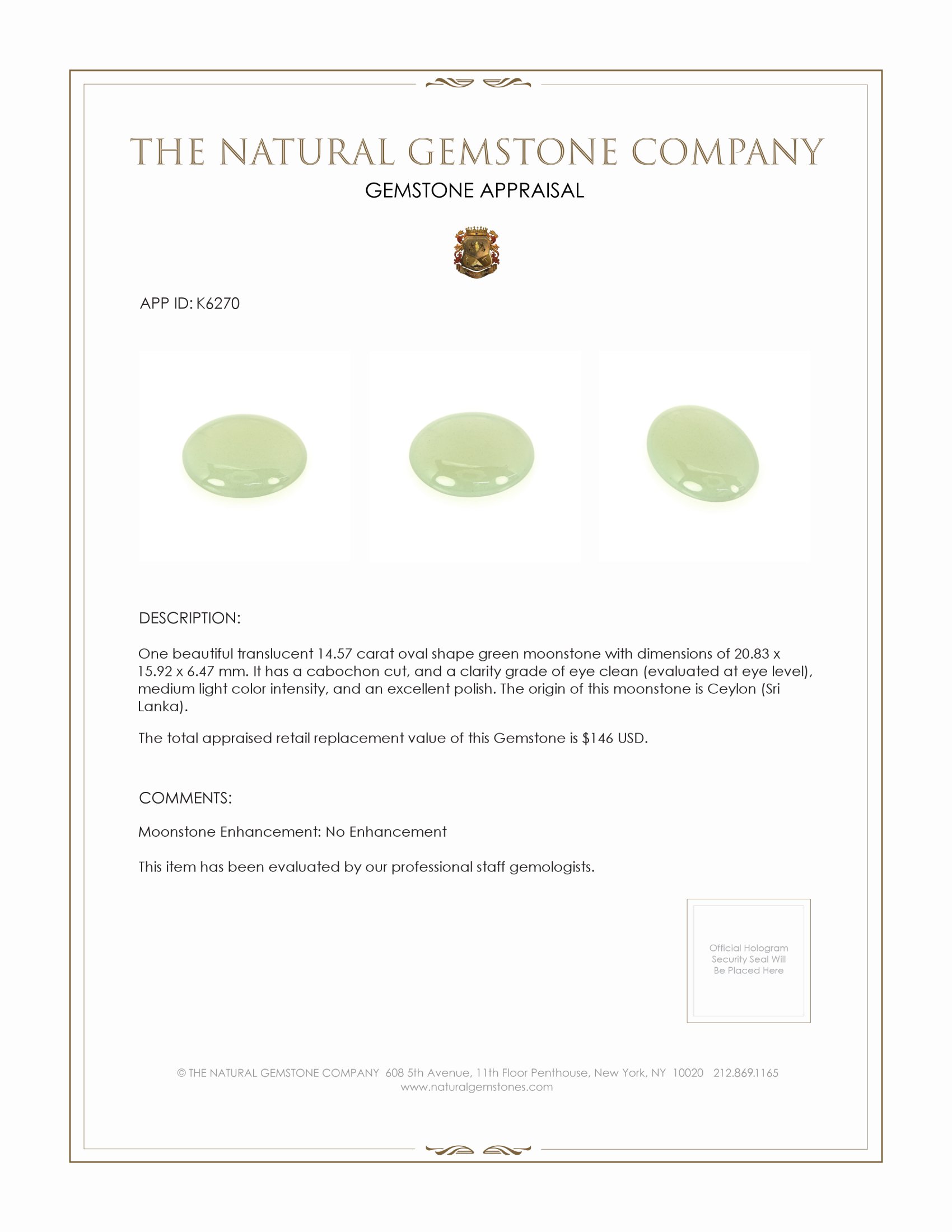 14.57 Ct. Green Cabochon Moonstone from Ceylon (Sri Lanka)