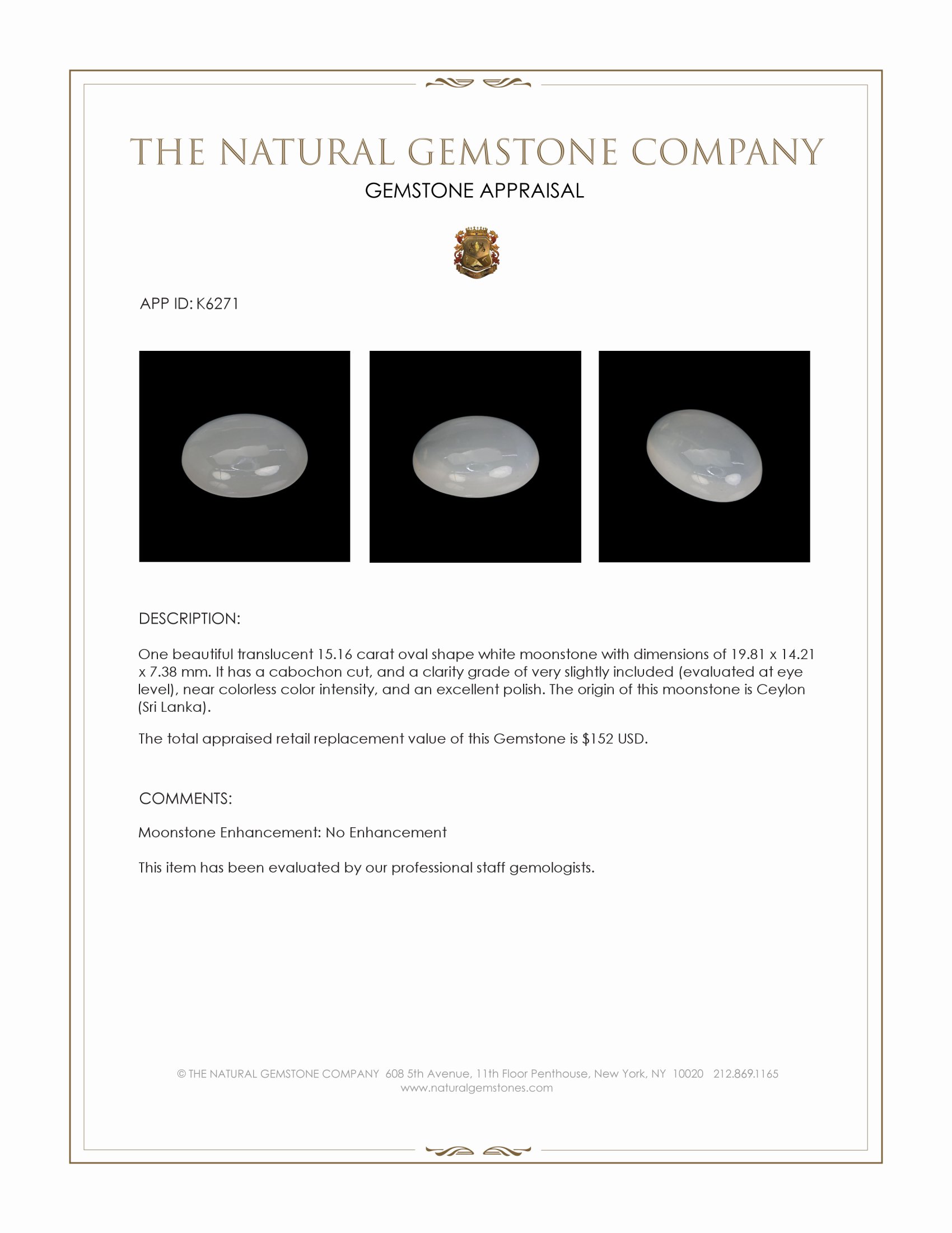 15.16 Ct. Cabochon Moonstone from Ceylon (Sri Lanka)