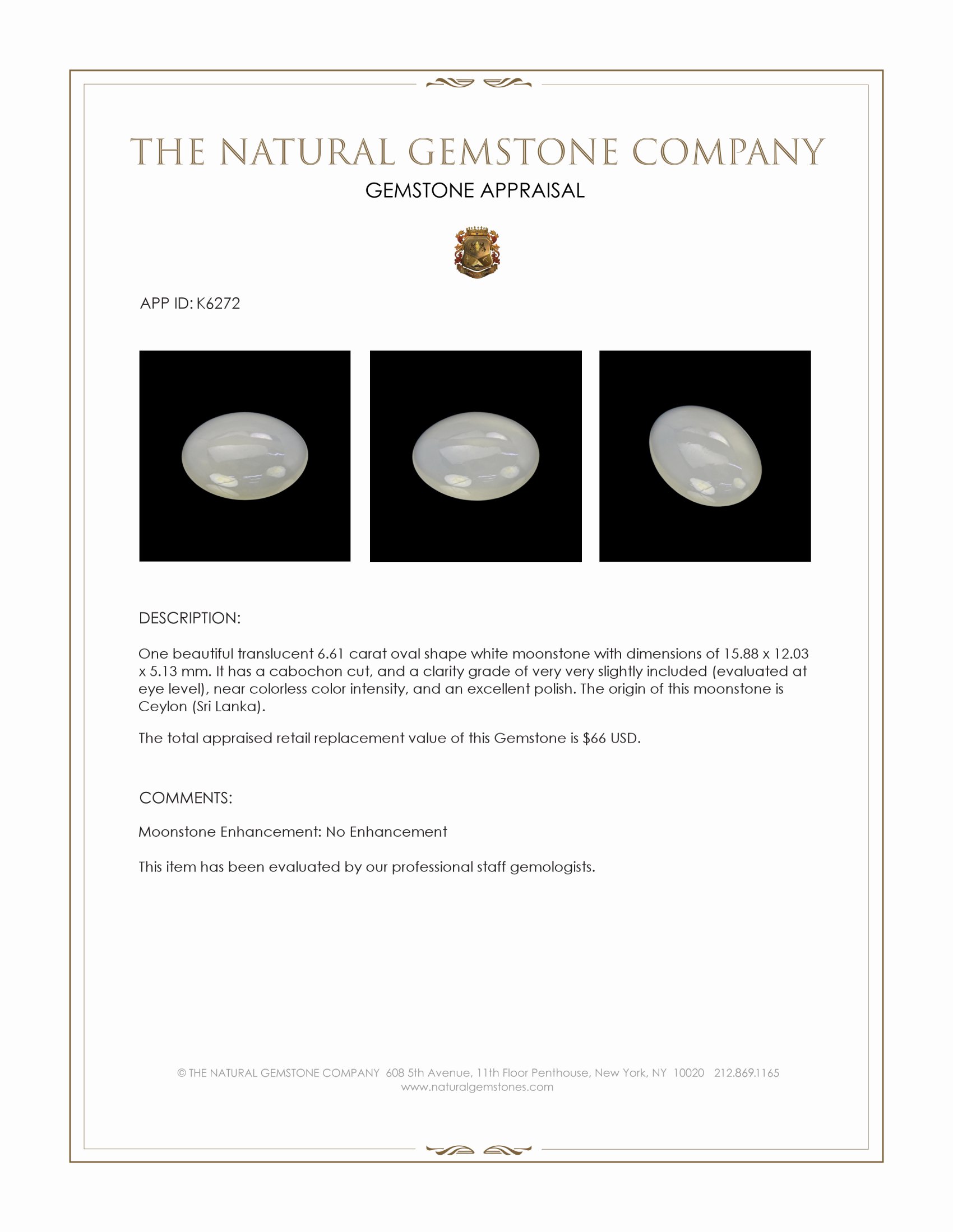 6.61 Ct. Cabochon Moonstone from Ceylon (Sri Lanka)