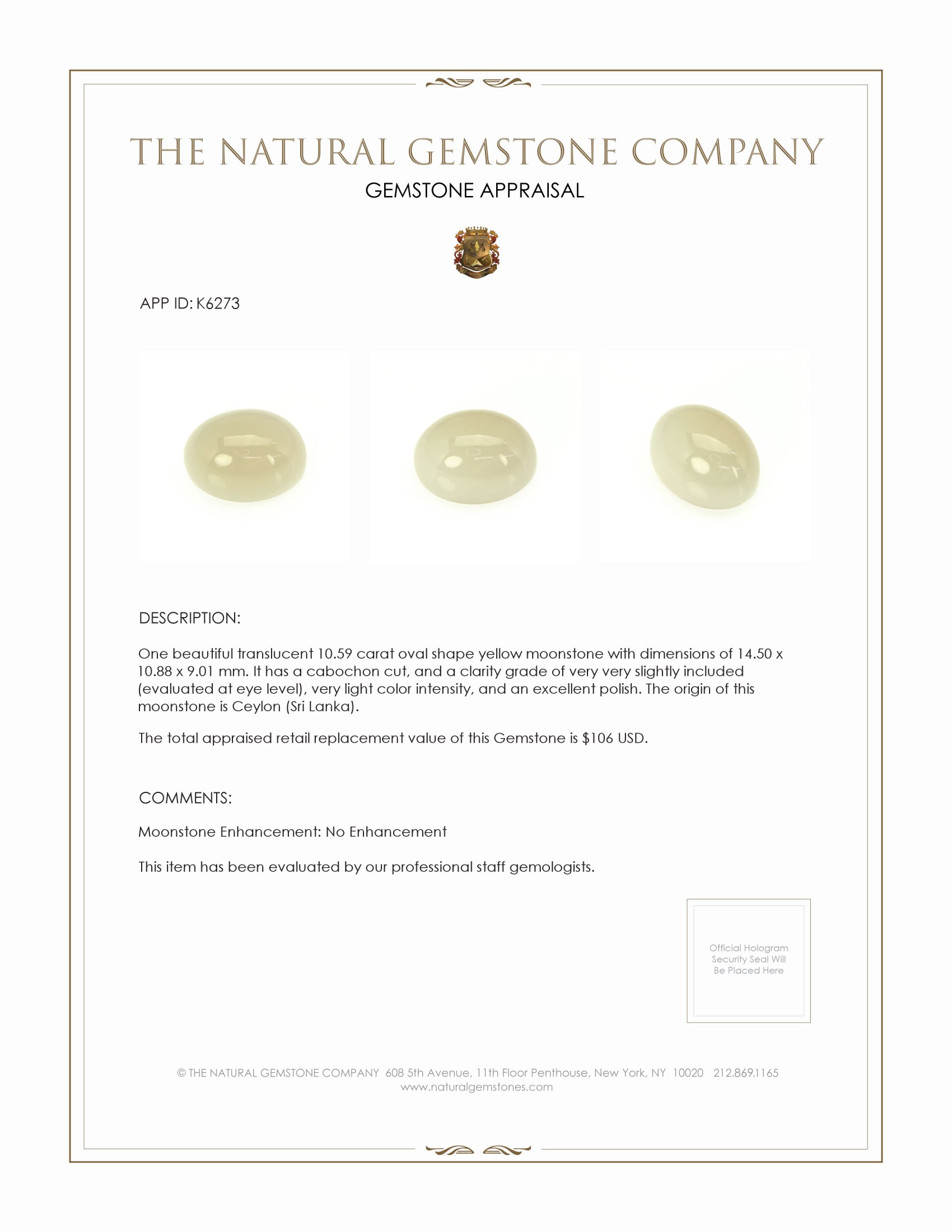 10.59 Ct. Cabochon Moonstone from Ceylon (Sri Lanka)