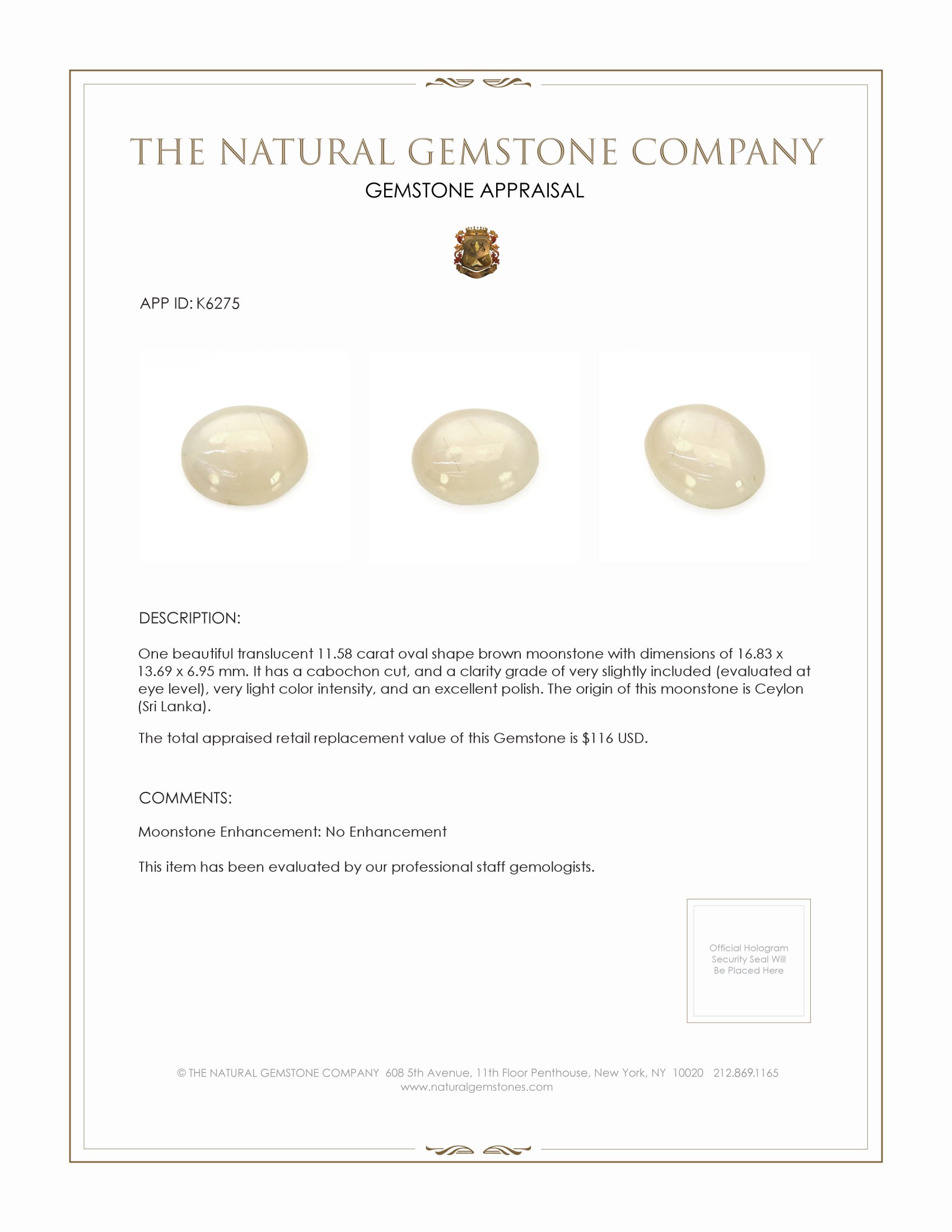 11.58 Ct. Grey Cabochon Moonstone from Ceylon (Sri Lanka)