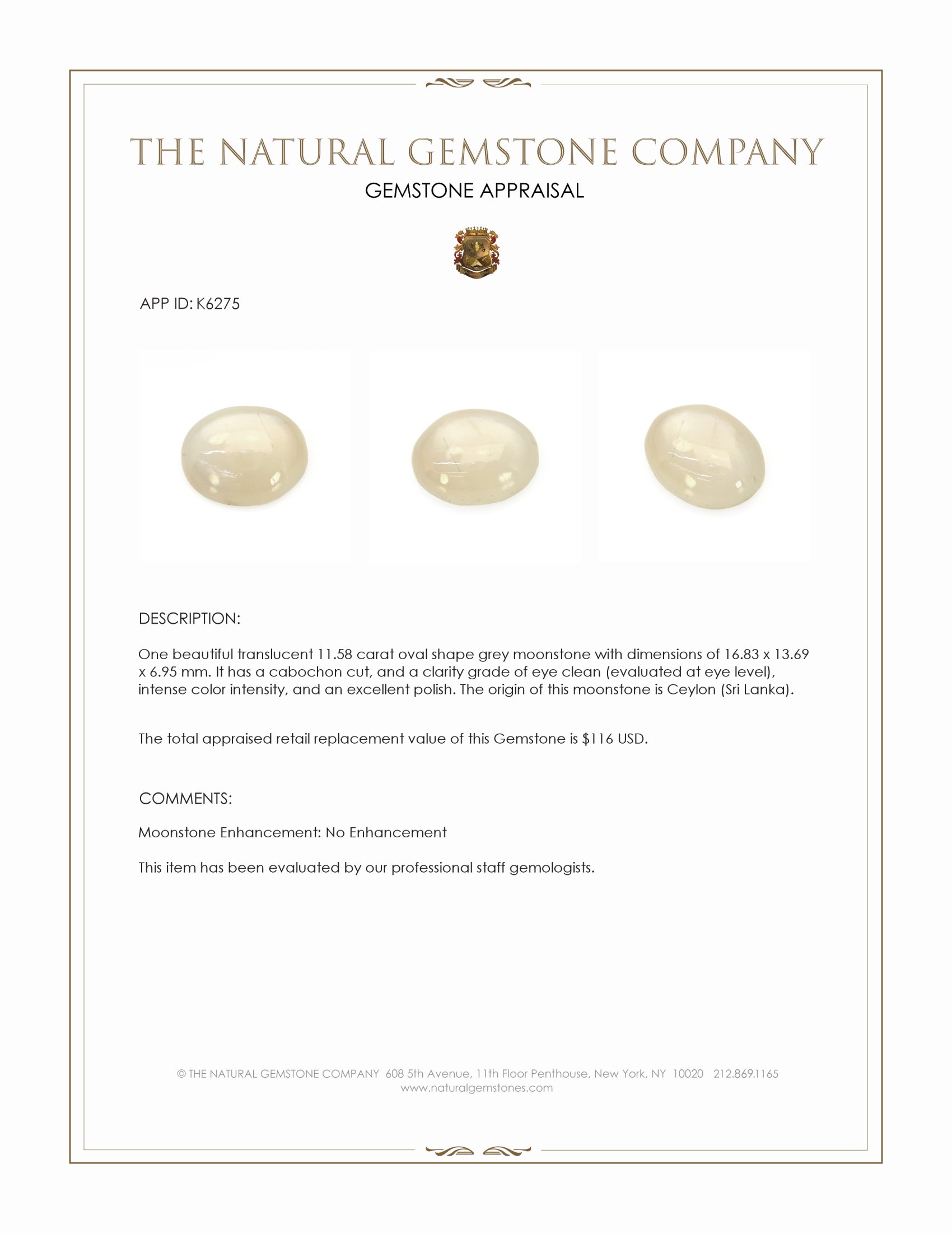 11.58 Ct. Cabochon Moonstone from Ceylon (Sri Lanka)