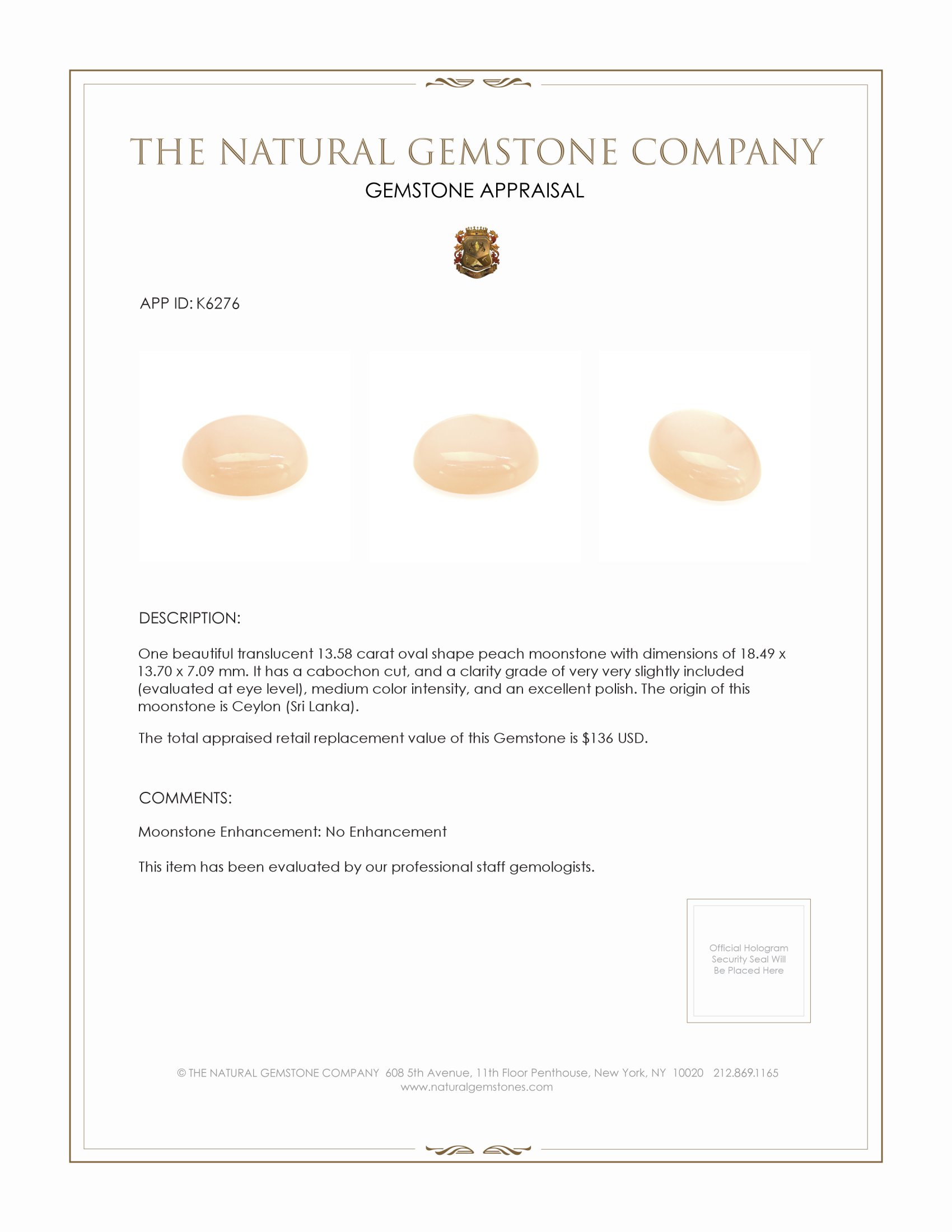 13.58 Ct. Peach Cabochon Moonstone from Ceylon (Sri Lanka)