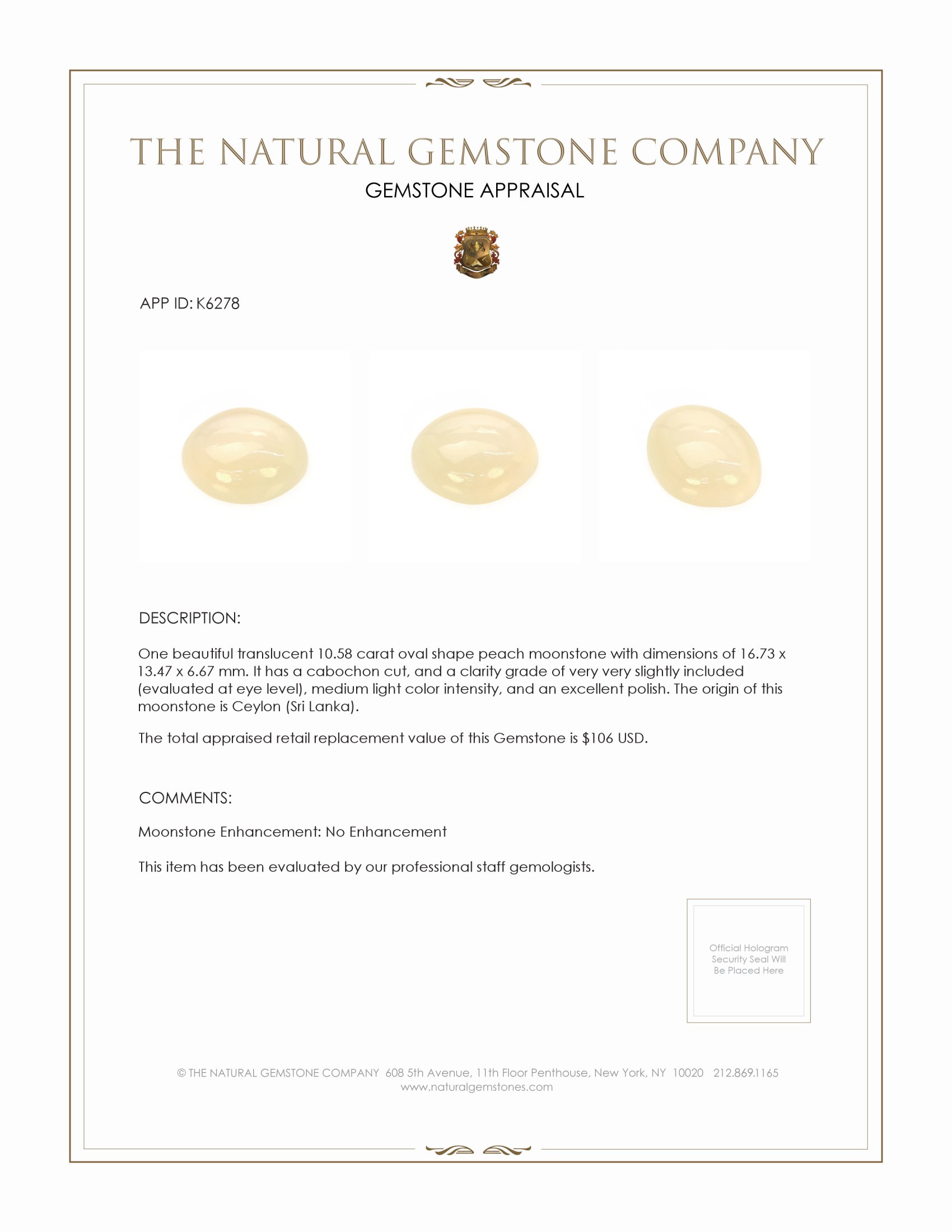 10.58 Ct. Cabochon Moonstone from Ceylon (Sri Lanka)