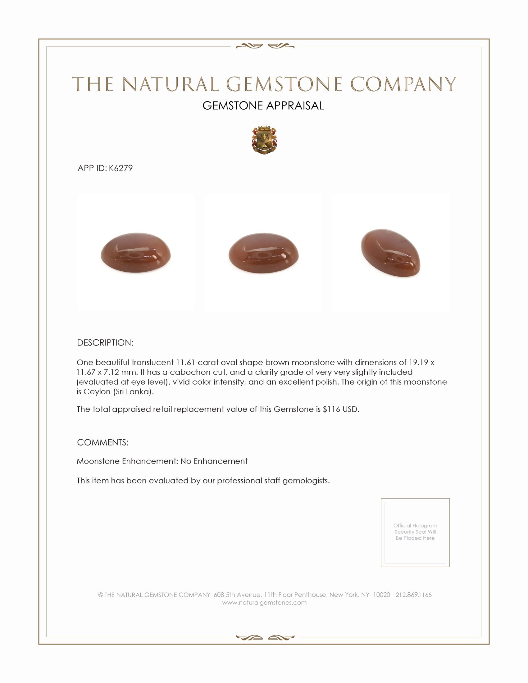 11.61 Ct. Brown Cabochon Moonstone from Ceylon (Sri Lanka)