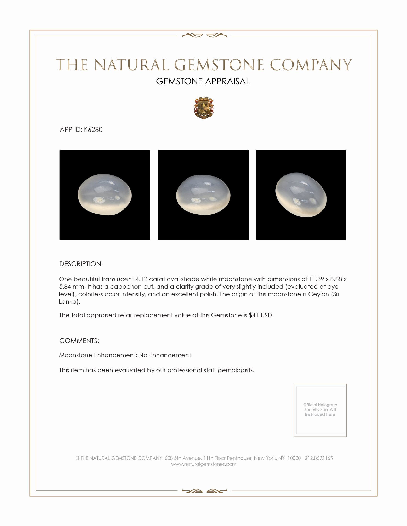 4.12 Ct. Cabochon Moonstone from Ceylon (Sri Lanka)