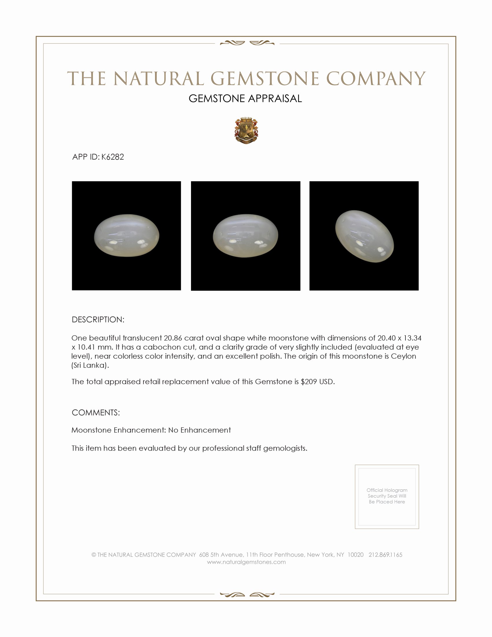 20.86 Ct. White Cabochon Moonstone from Ceylon (Sri Lanka)