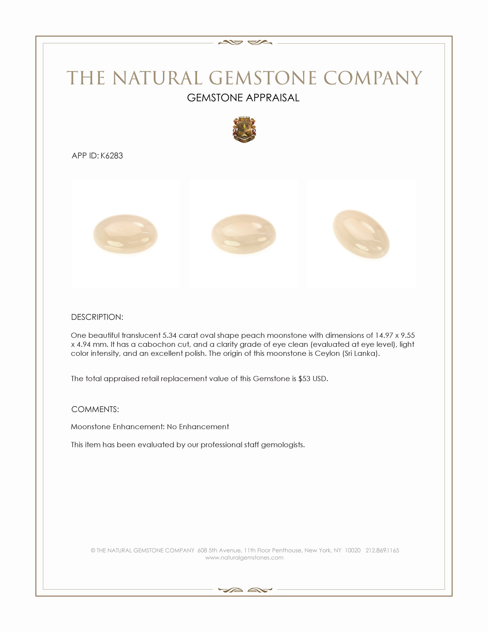 5.34 Ct. Cabochon Moonstone from Ceylon (Sri Lanka)