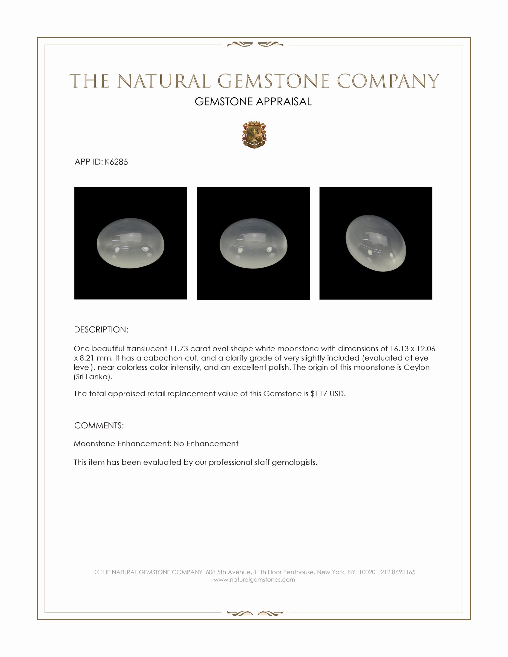 11.73 Ct. White Cabochon Moonstone from Ceylon (Sri Lanka)