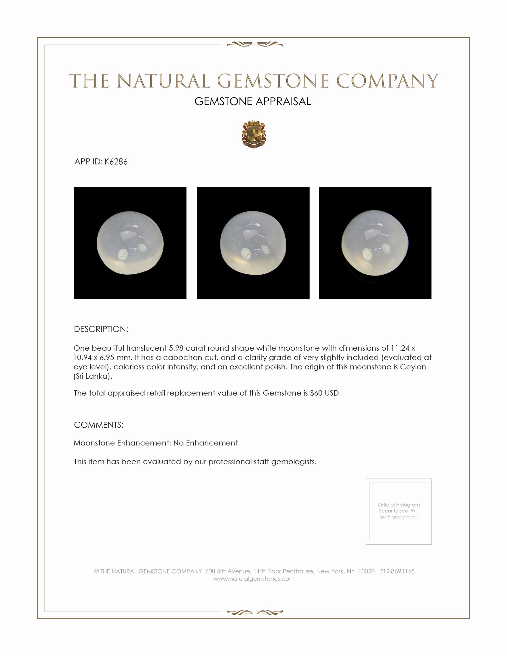 5.98 Ct. Cabochon Moonstone from Ceylon (Sri Lanka)