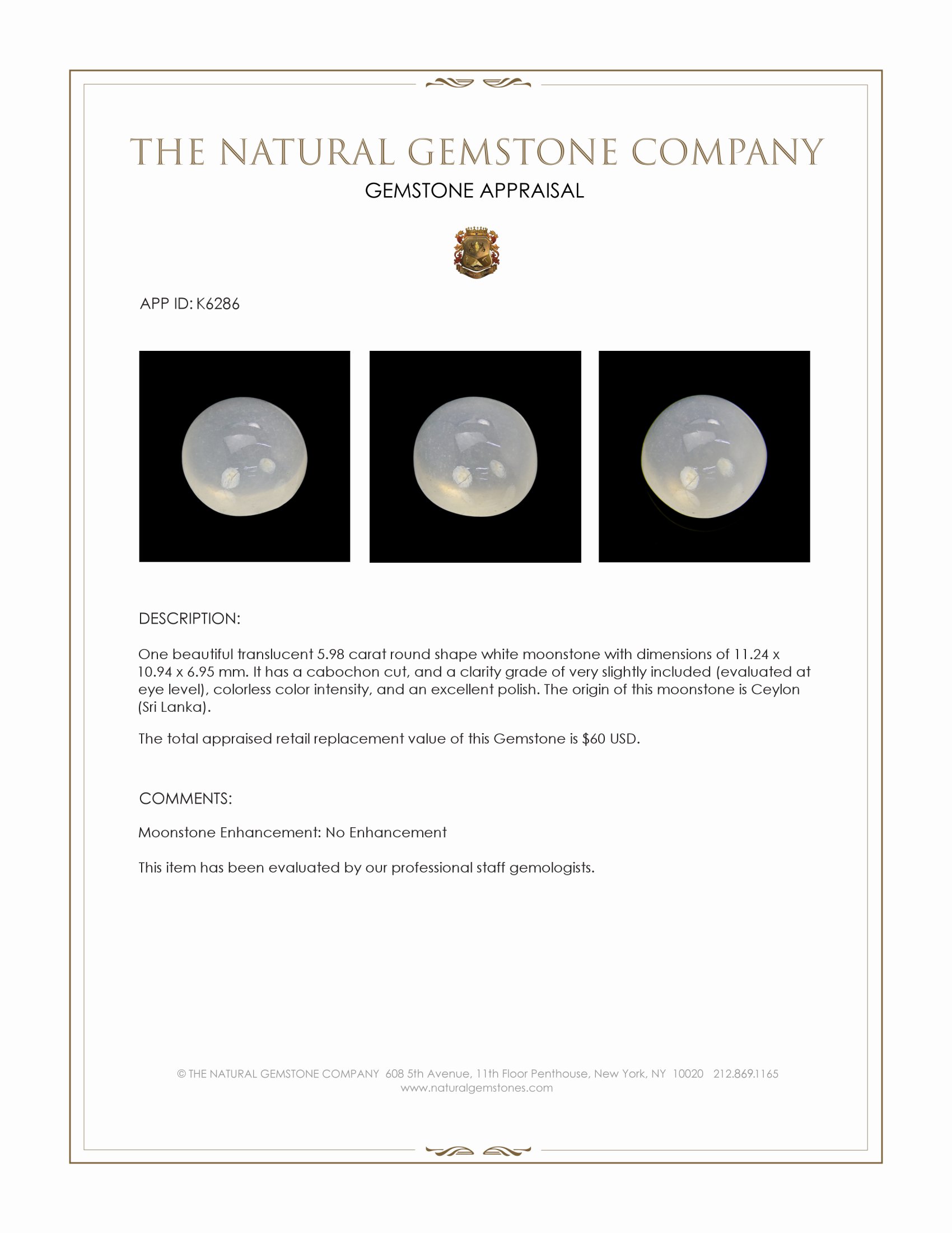 5.98 Ct. White Cabochon Moonstone from Ceylon (Sri Lanka)