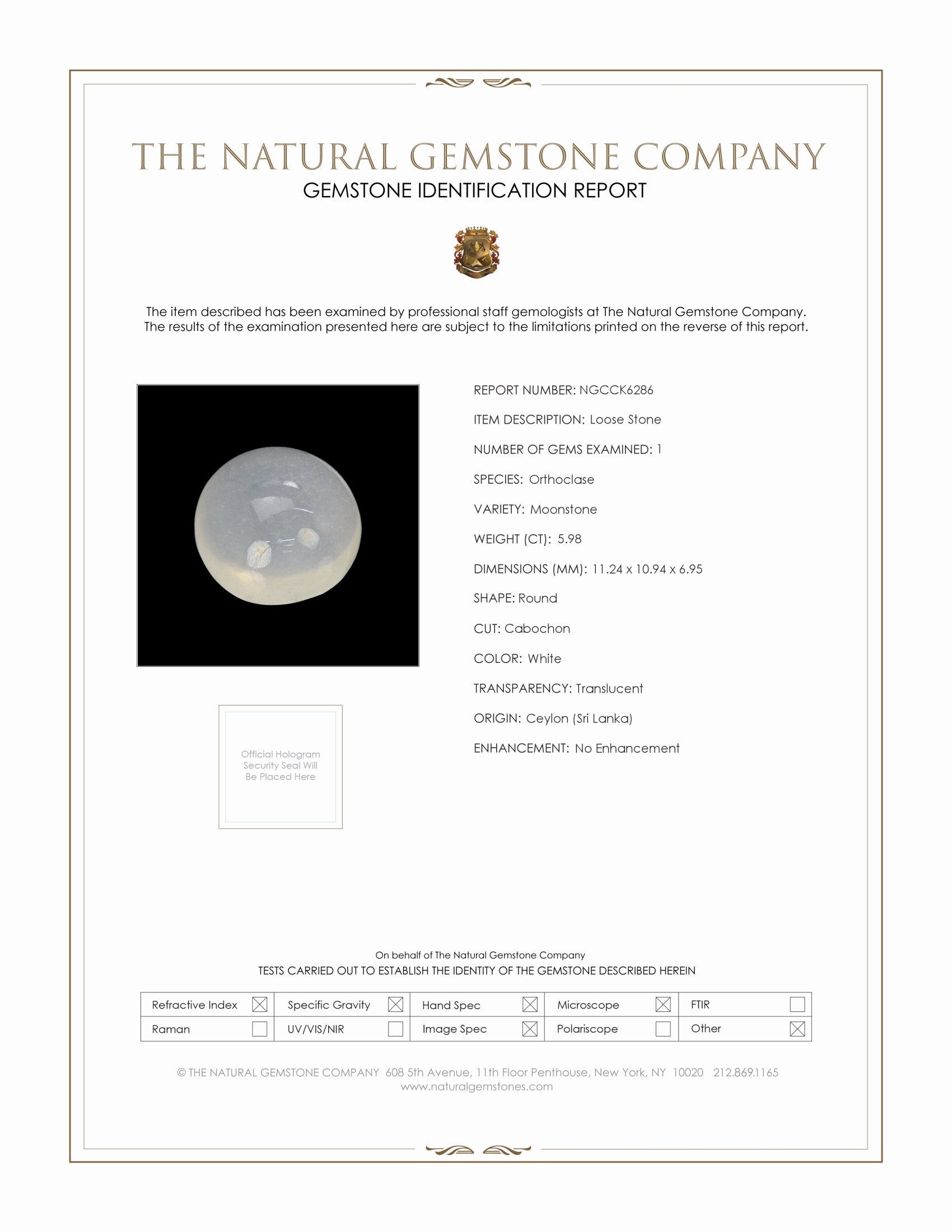 5.98 Ct. White Cabochon Moonstone from Ceylon (Sri Lanka)