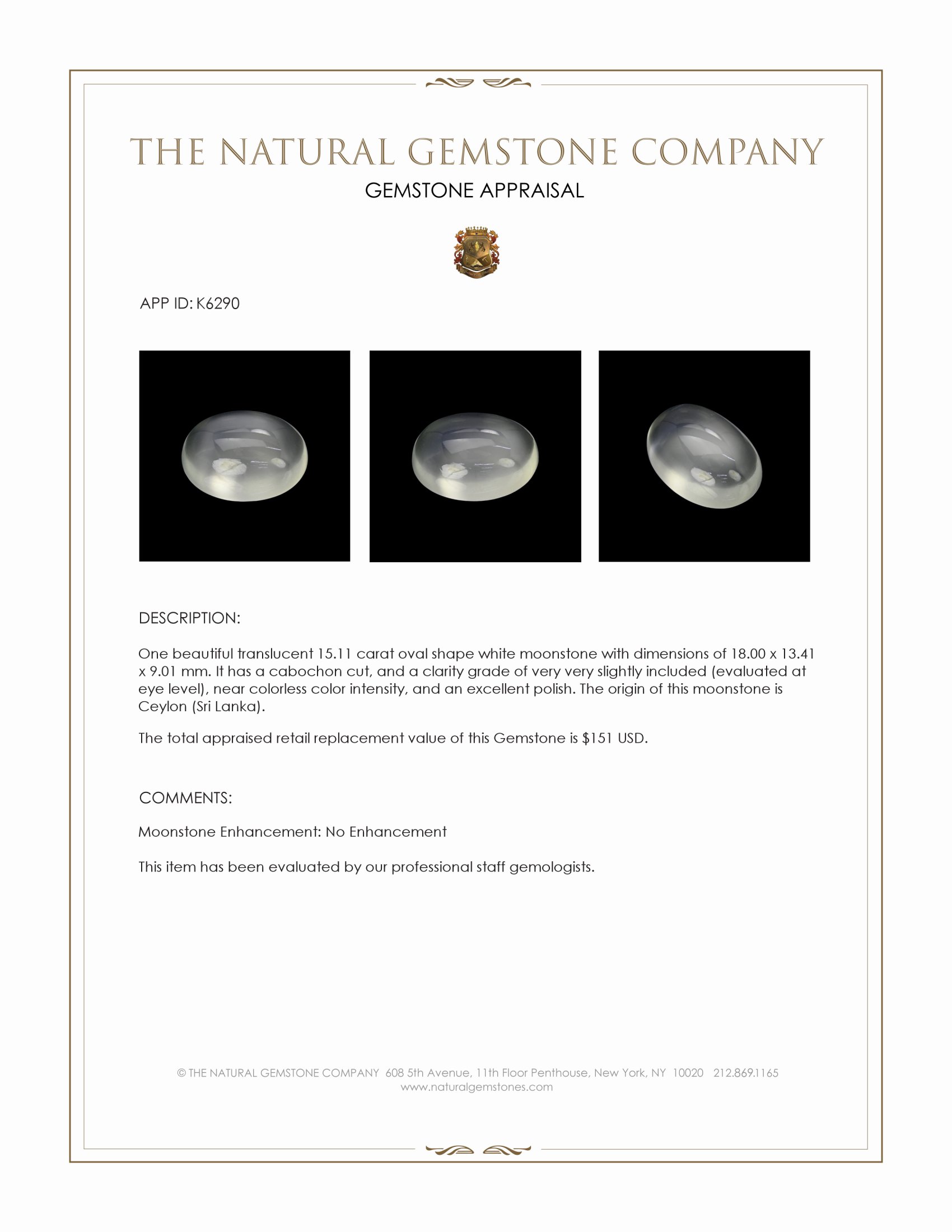 15.11 Ct. White Cabochon Moonstone from Ceylon (Sri Lanka)