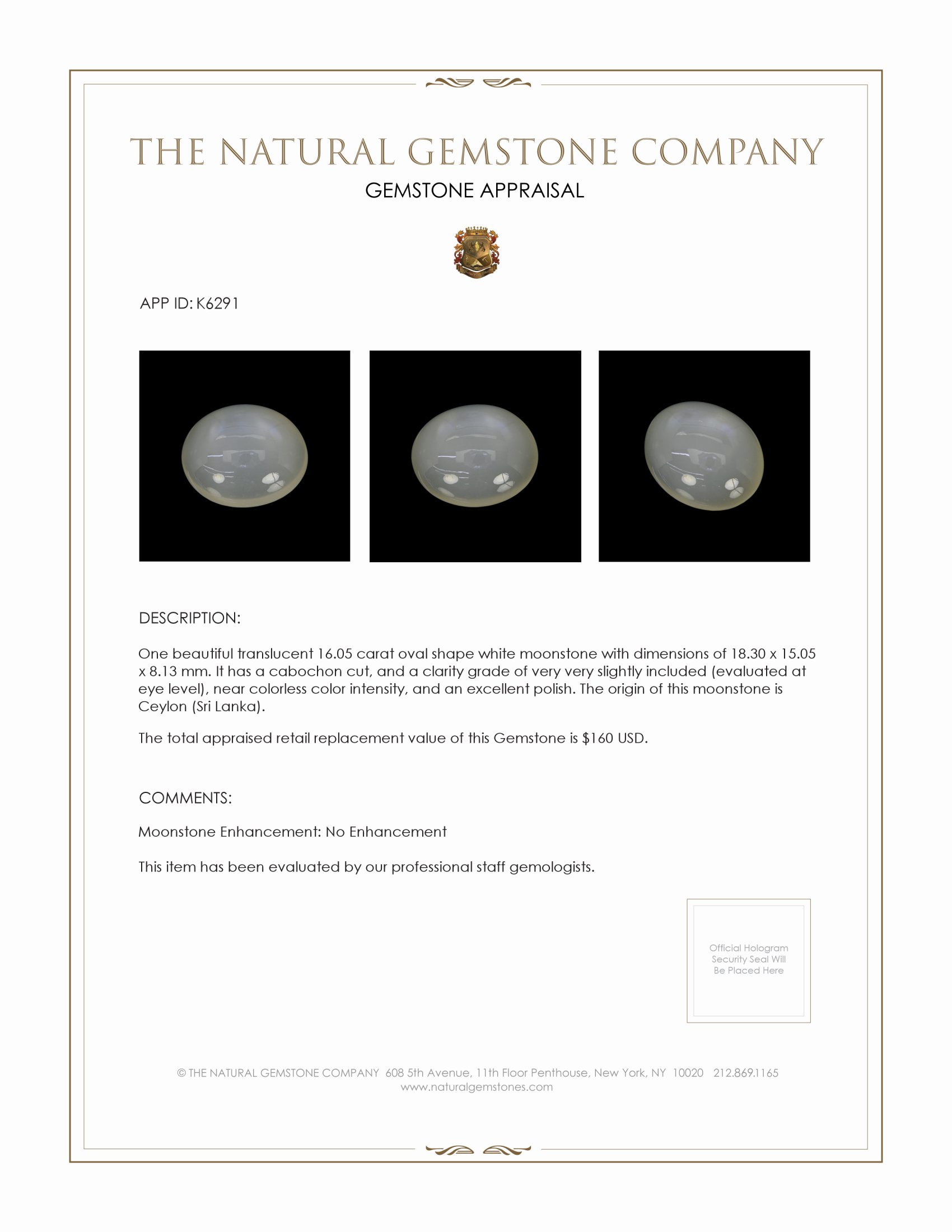 16.05 Ct. Cabochon Moonstone from Ceylon (Sri Lanka)