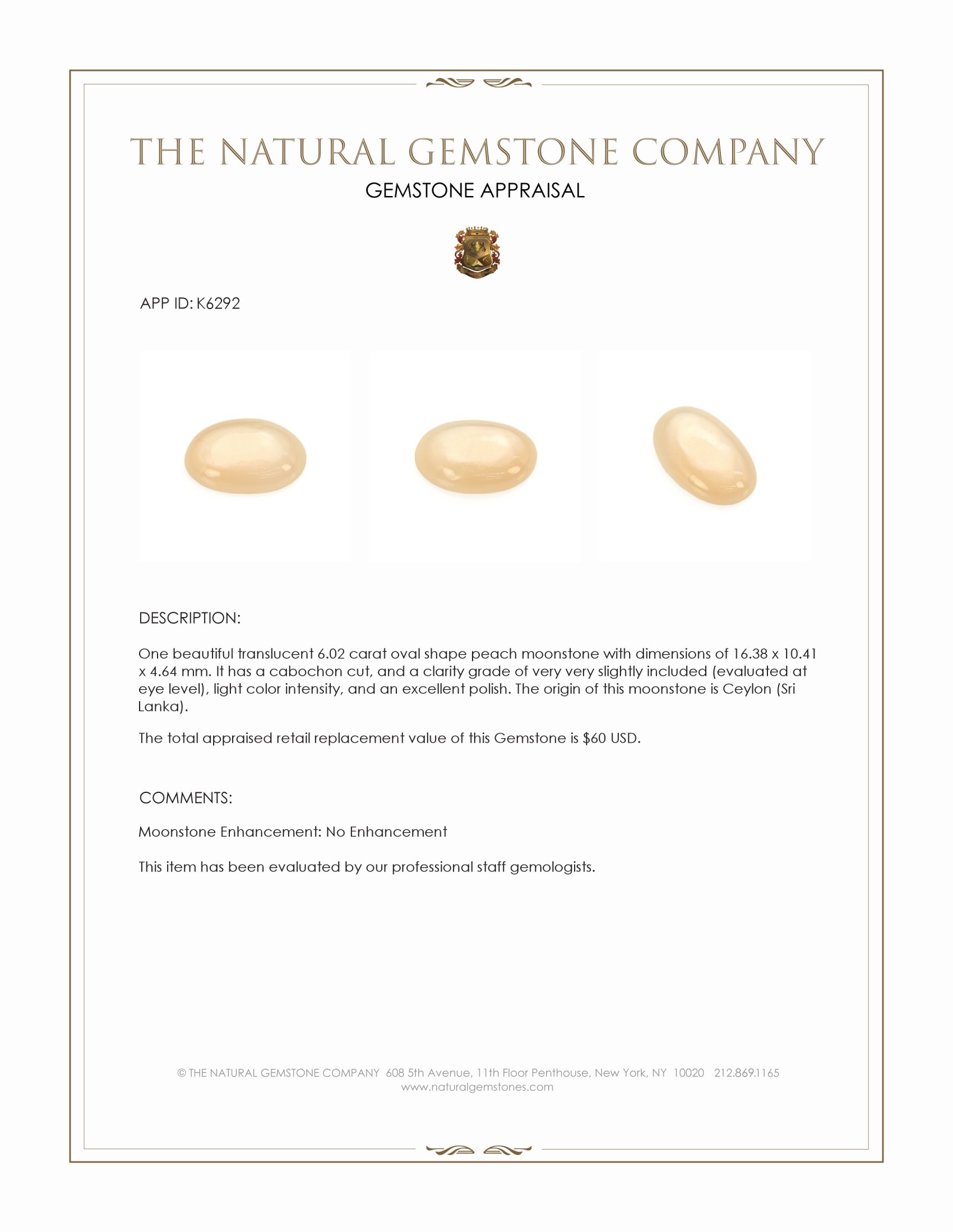 6.02 Ct. Cabochon Moonstone from Ceylon (Sri Lanka)