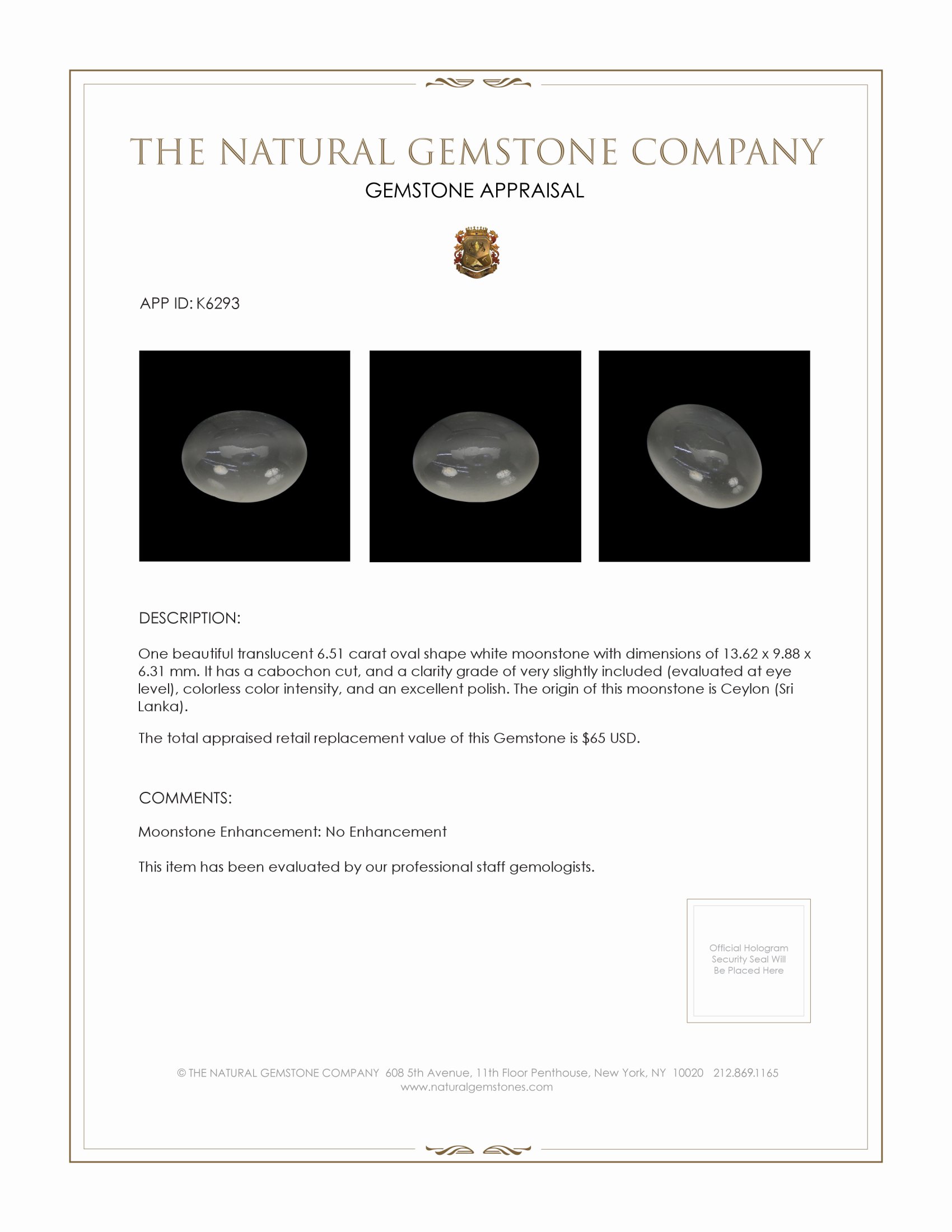 6.51 Ct. Cabochon Moonstone from Ceylon (Sri Lanka)