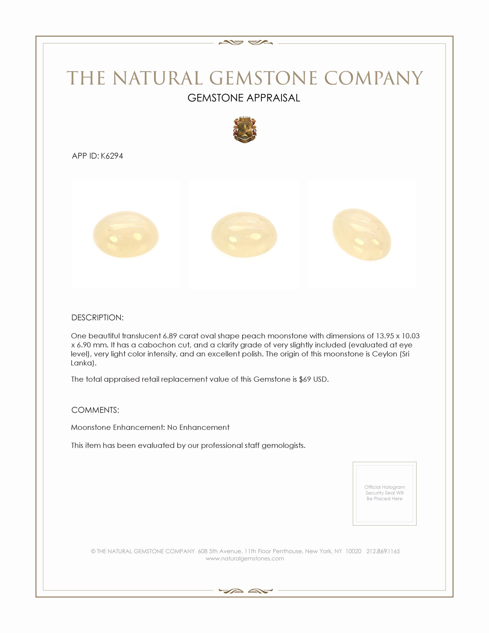 6.89 Ct. Cabochon Moonstone from Ceylon (Sri Lanka)