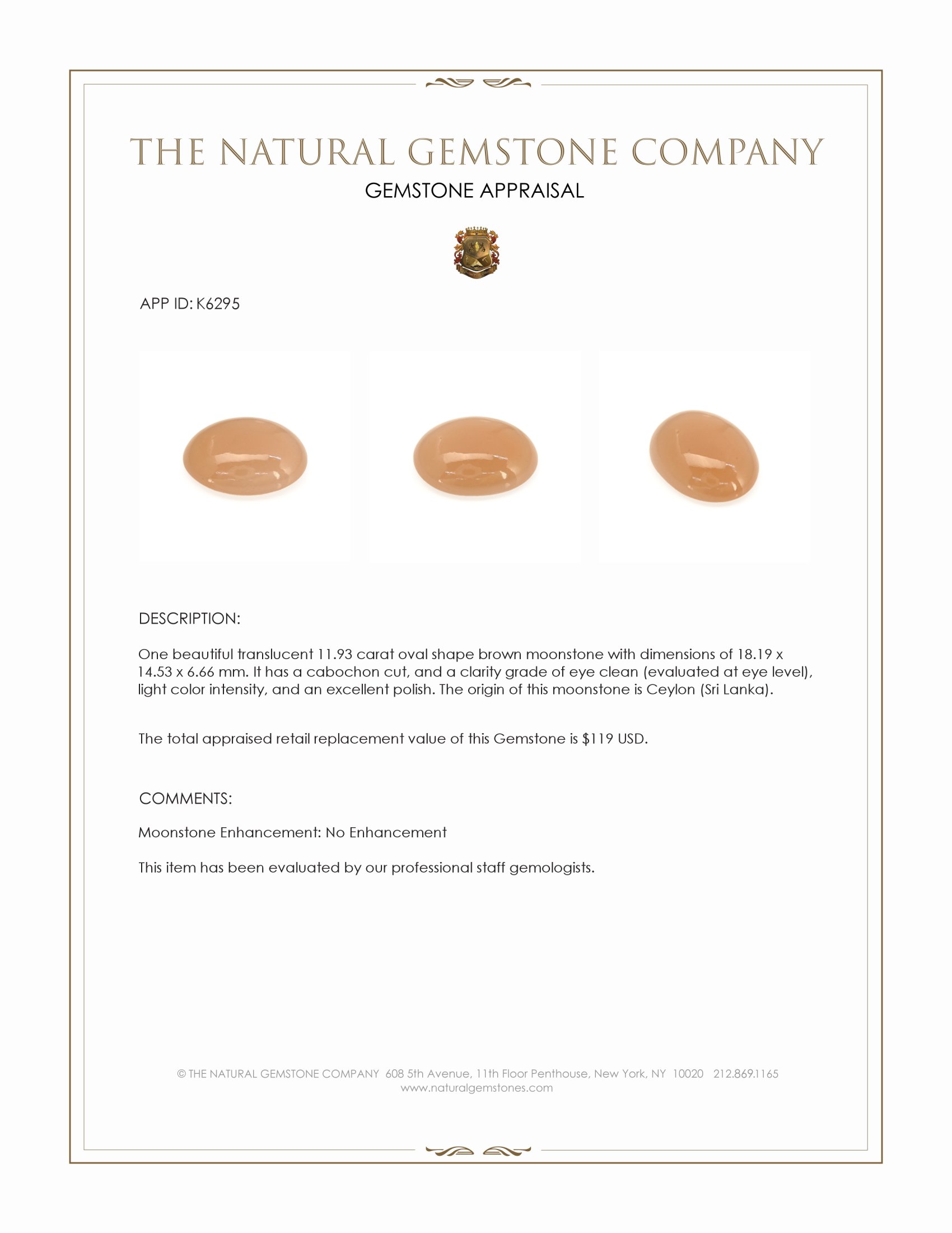 11.93 Ct. Brown Cabochon Moonstone from Ceylon (Sri Lanka)