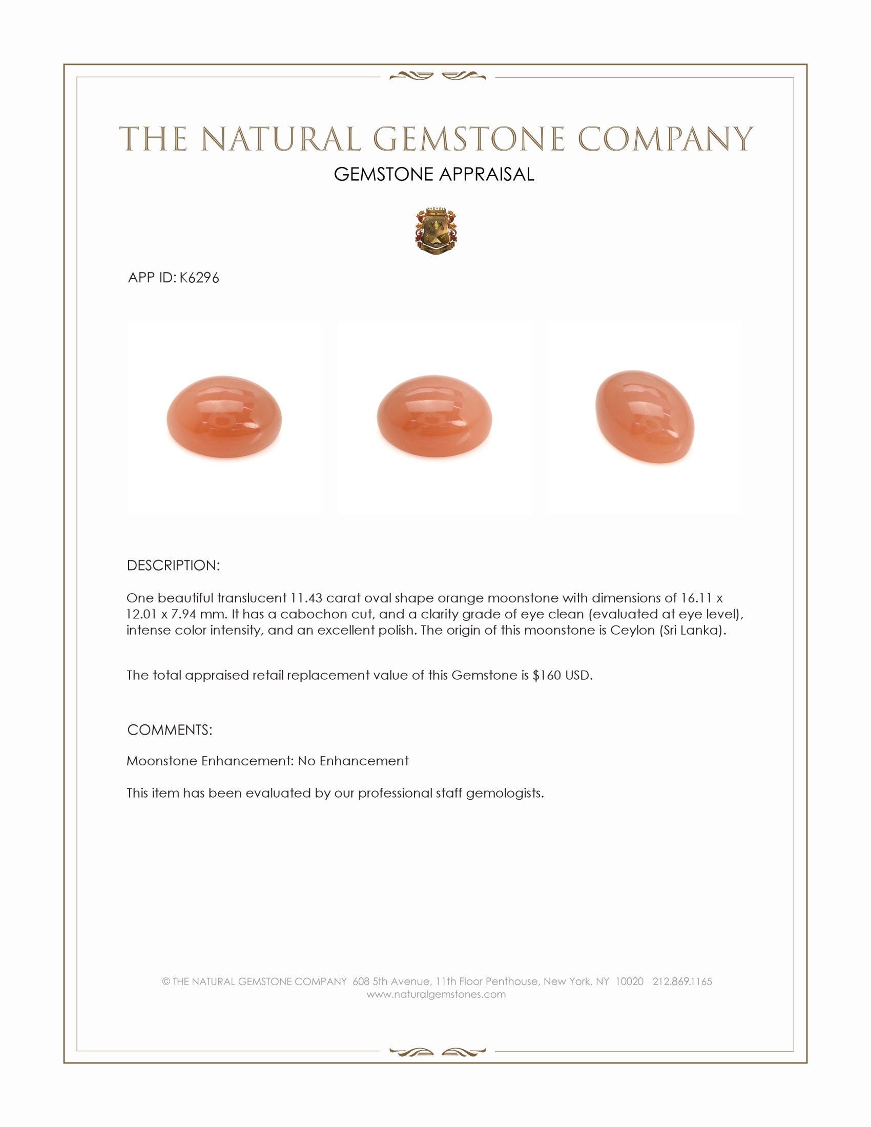 11.43 Ct. Orange Cabochon Moonstone from Ceylon (Sri Lanka)