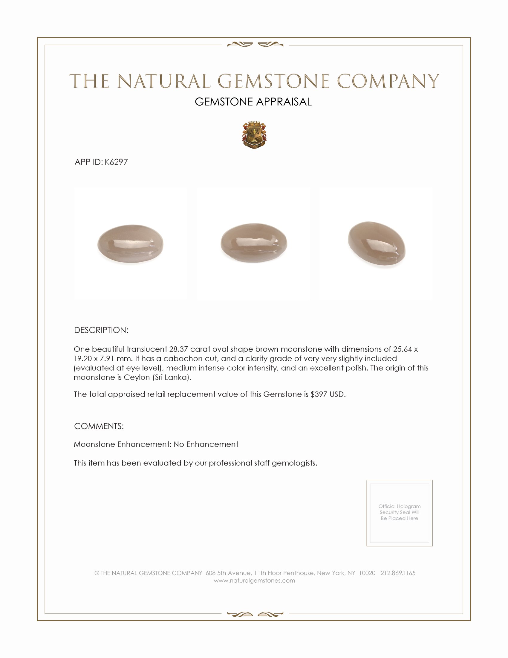 28.37 Ct. Brown Cabochon Moonstone from Ceylon (Sri Lanka)