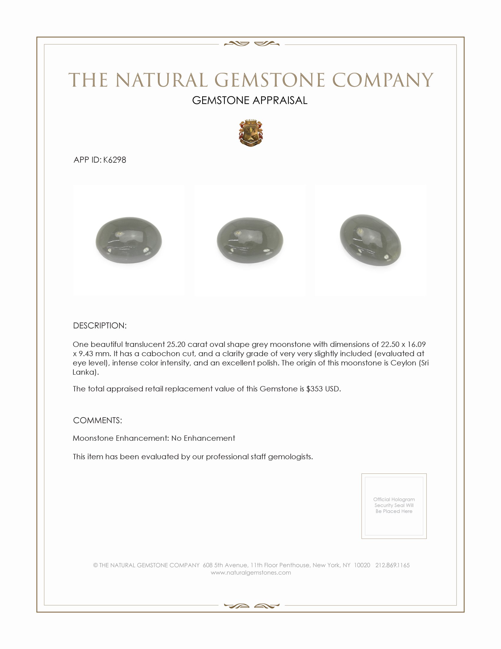 25.20 Ct. Grey Cabochon Moonstone from Ceylon (Sri Lanka)