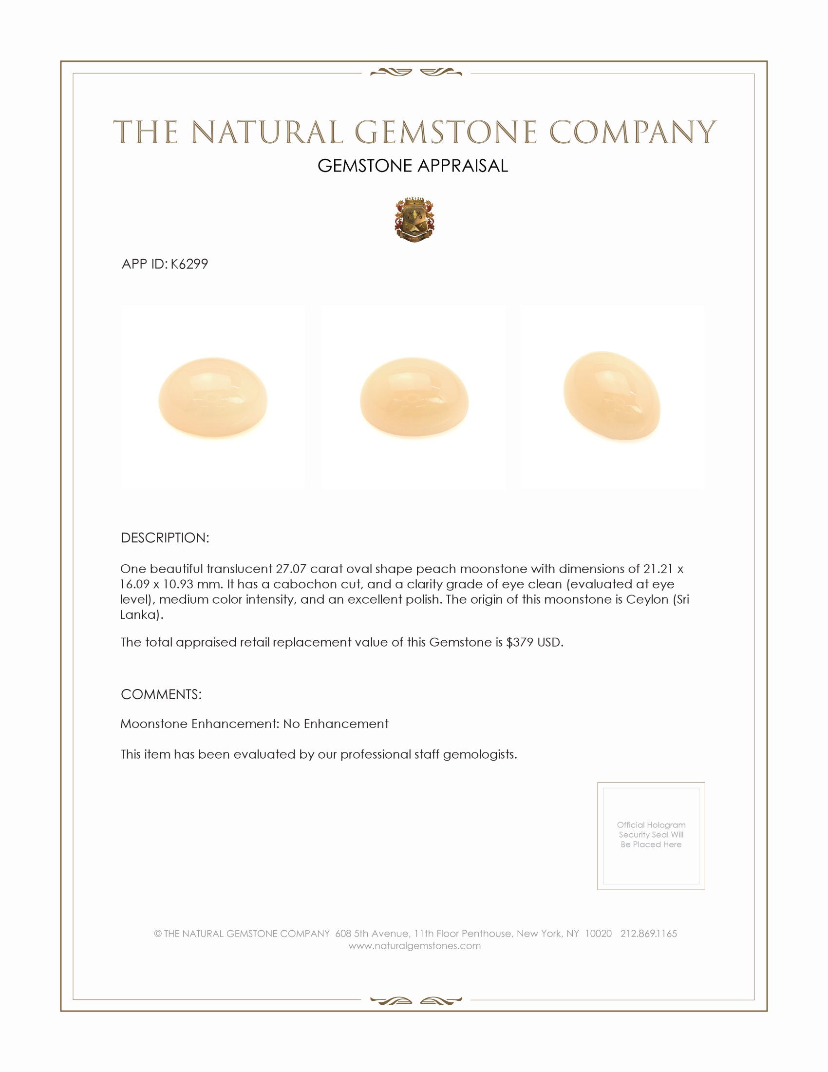 27.07 Ct. Peach Cabochon Moonstone from Ceylon (Sri Lanka)