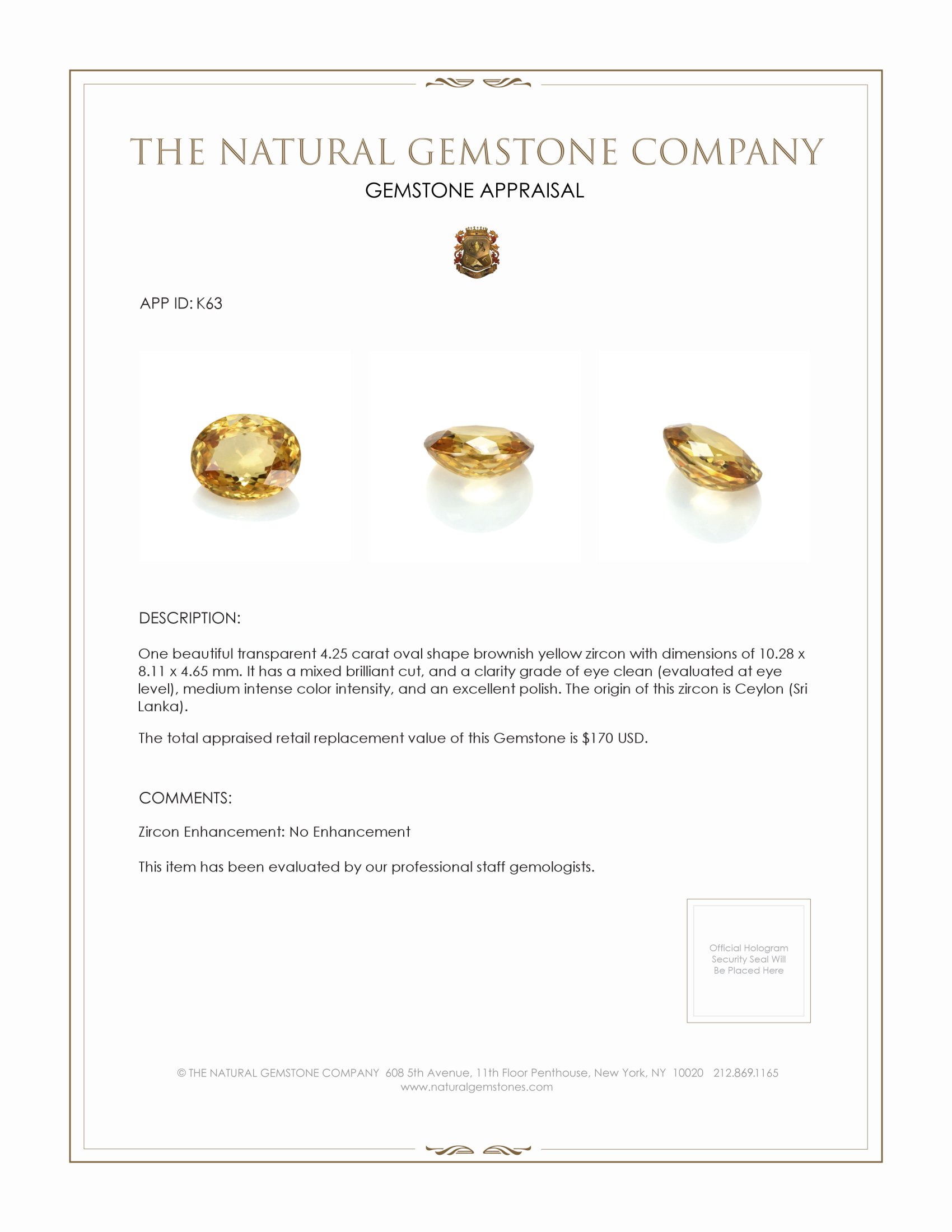 4.25 Ct. Brownish Yellow Zircon from Ceylon (Sri Lanka)