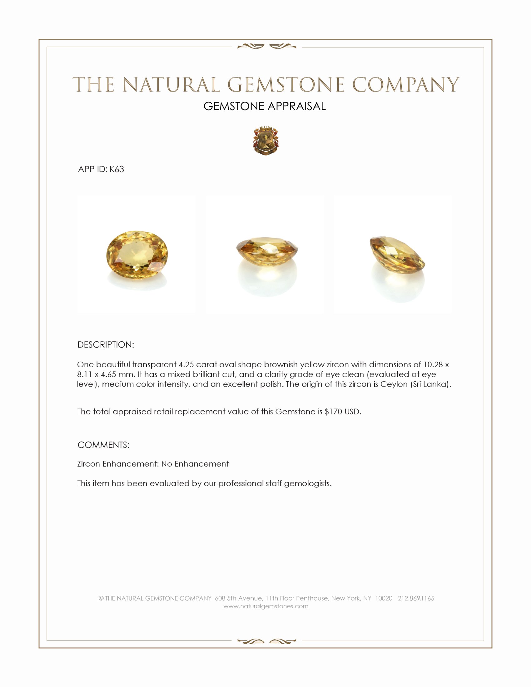 4.25 Ct. Zircon from Ceylon (Sri Lanka)