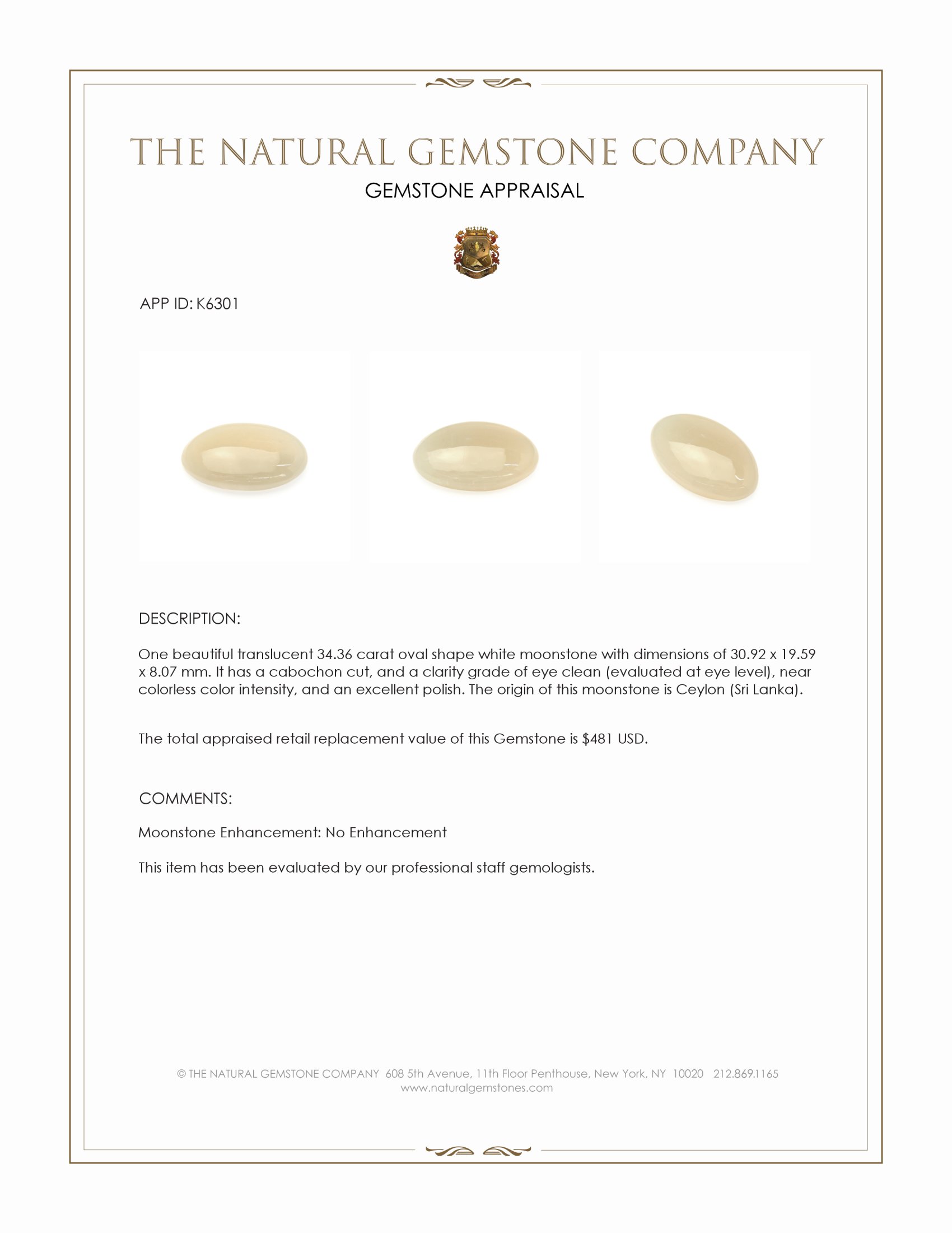 34.36 Ct. White Cabochon Moonstone from Ceylon (Sri Lanka)