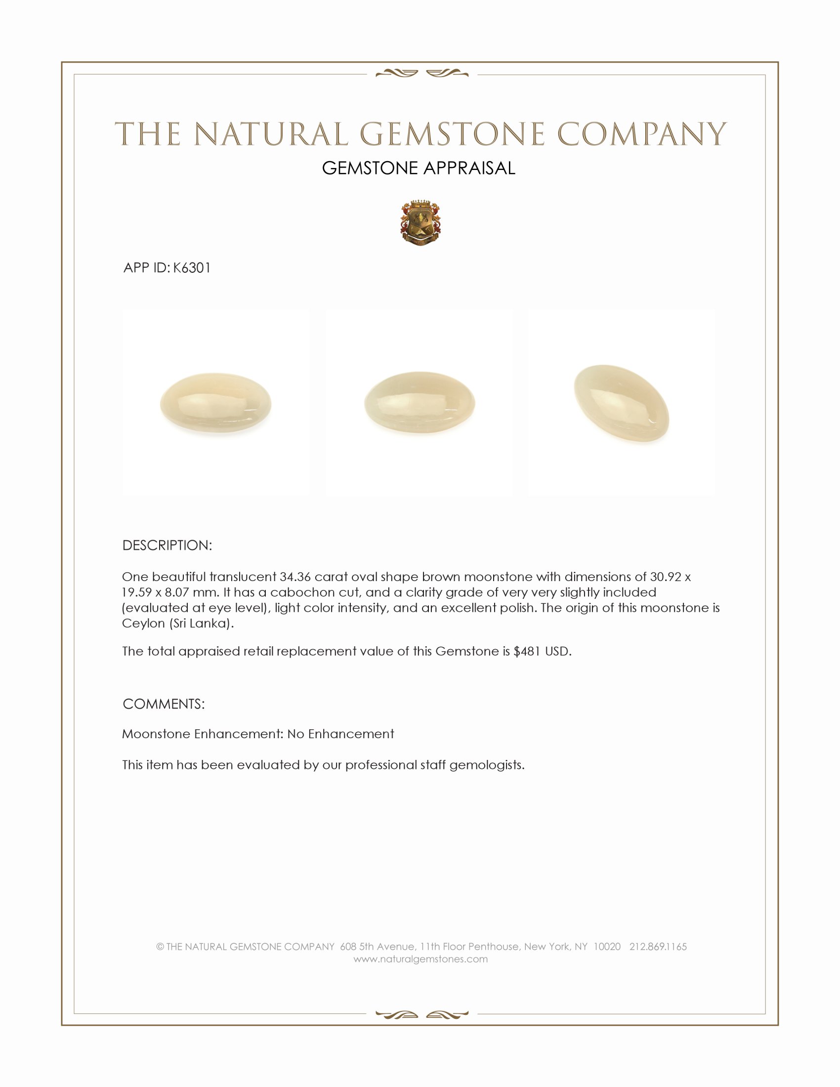 34.36 Ct. Cabochon Moonstone from Ceylon (Sri Lanka)