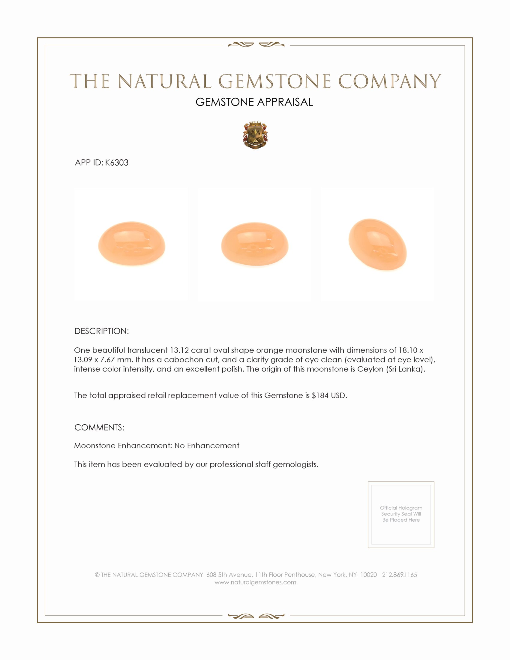 13.12 Ct. Cabochon Moonstone from Ceylon (Sri Lanka)