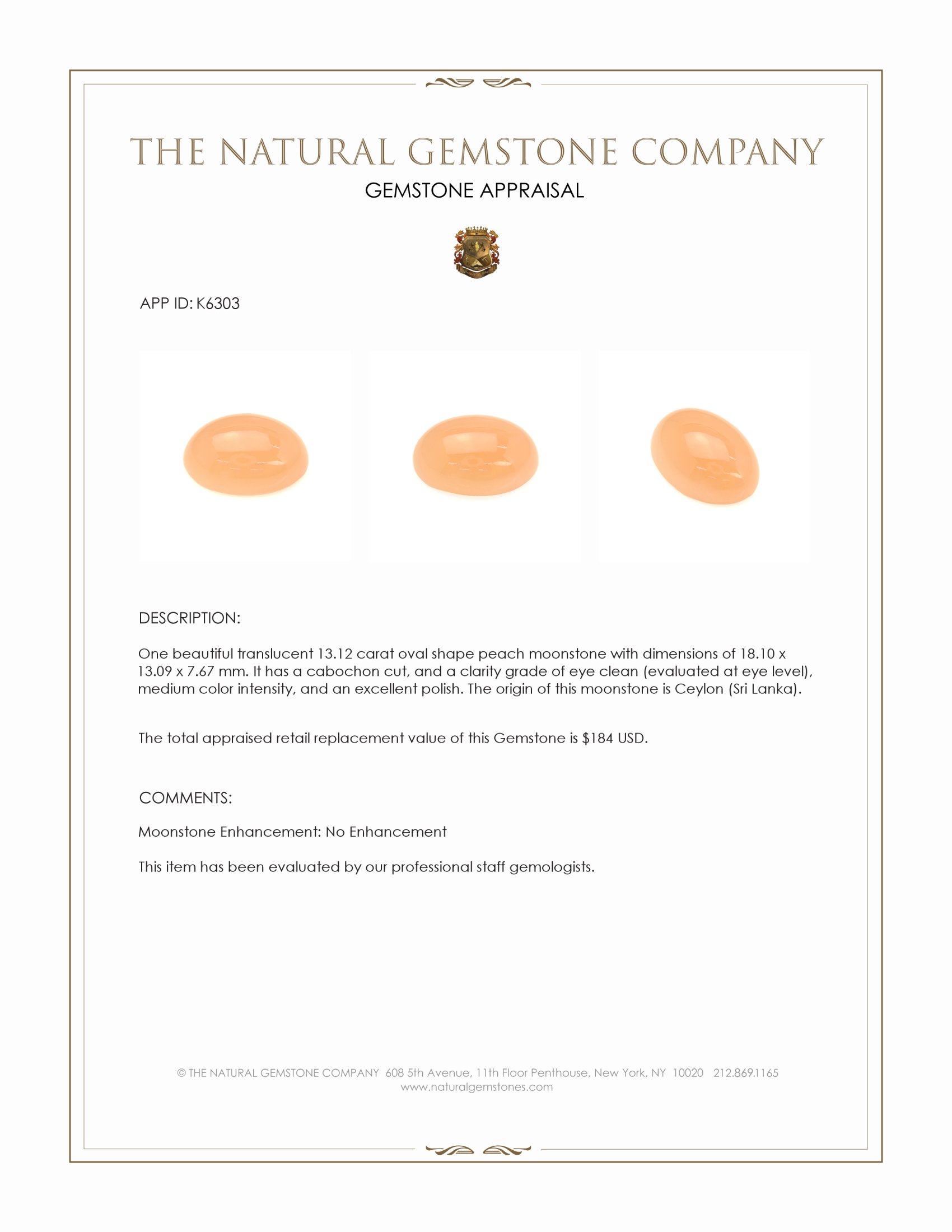 13.12 Ct. Peach Cabochon Moonstone from Ceylon (Sri Lanka)