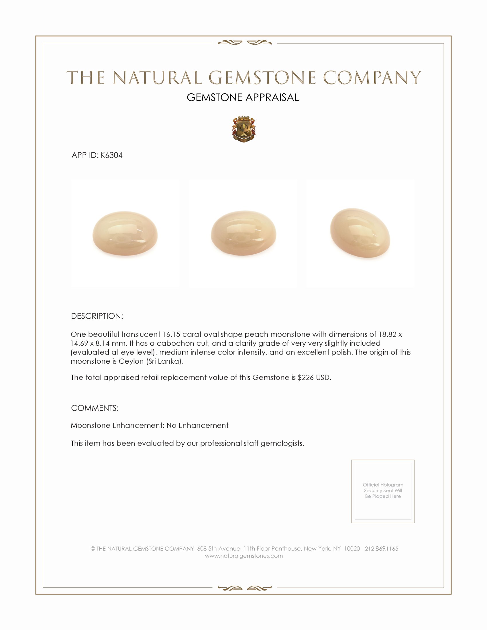 16.15 Ct. Brown Cabochon Moonstone from Ceylon (Sri Lanka)