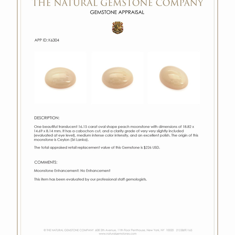 16.15 Ct. Cabochon Moonstone from Ceylon (Sri Lanka)