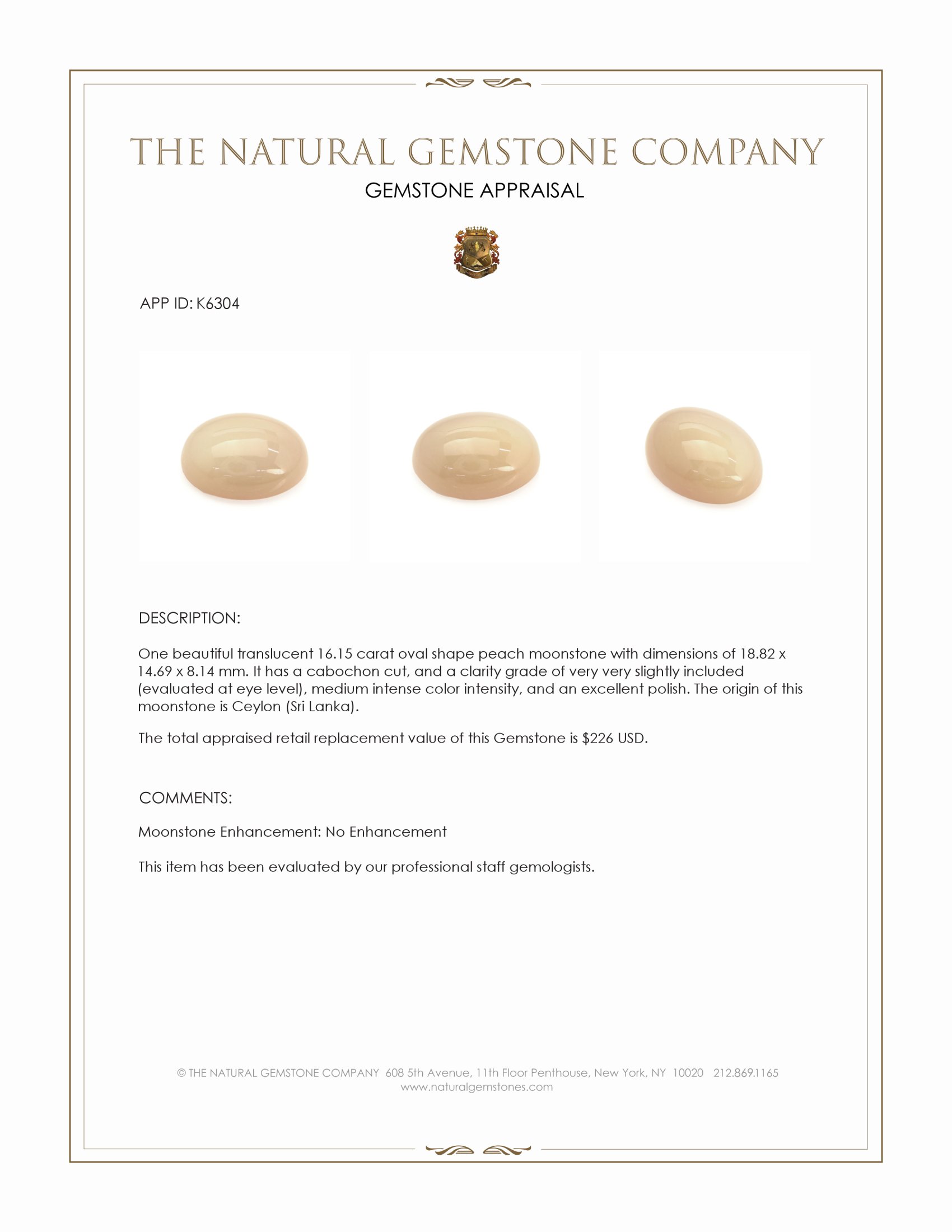 16.15 Ct. Cabochon Moonstone from Ceylon (Sri Lanka)