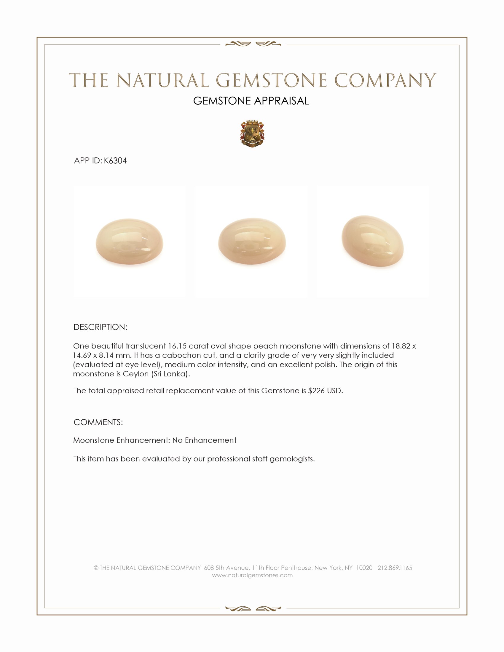 16.15 Ct. Cabochon Moonstone from Ceylon (Sri Lanka)