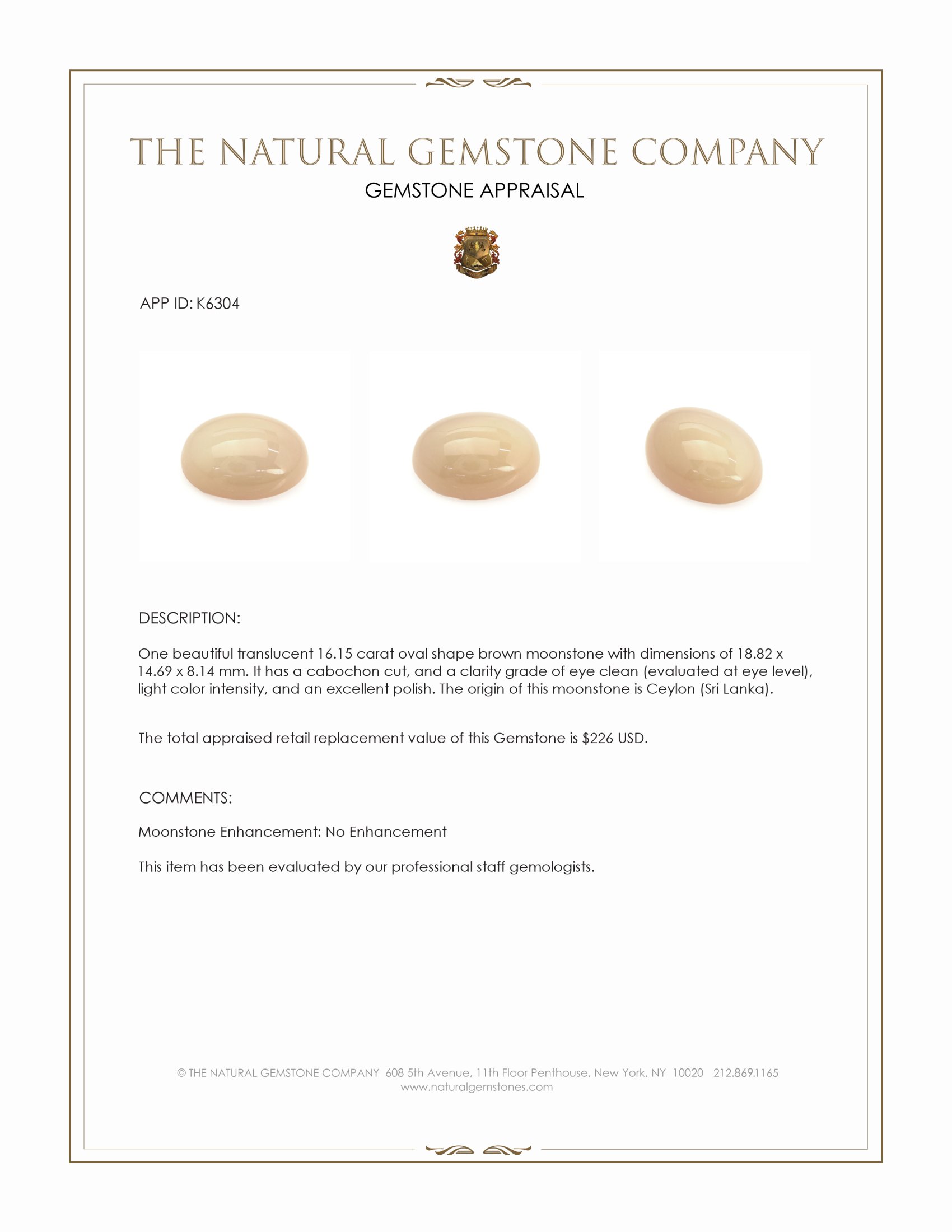 16.15 Ct. Cabochon Moonstone from Ceylon (Sri Lanka)